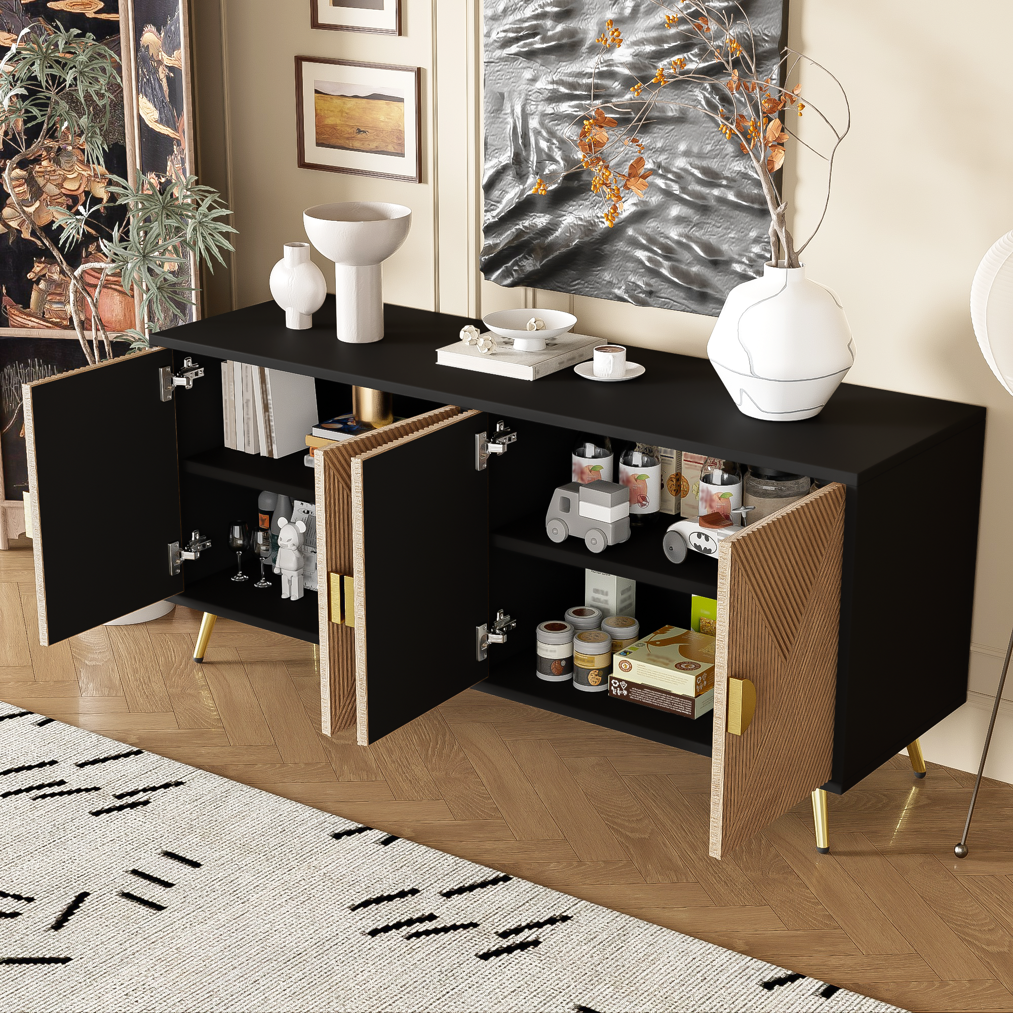 Modernes Sideboard mit Strukturfront und goldenen Akzenten