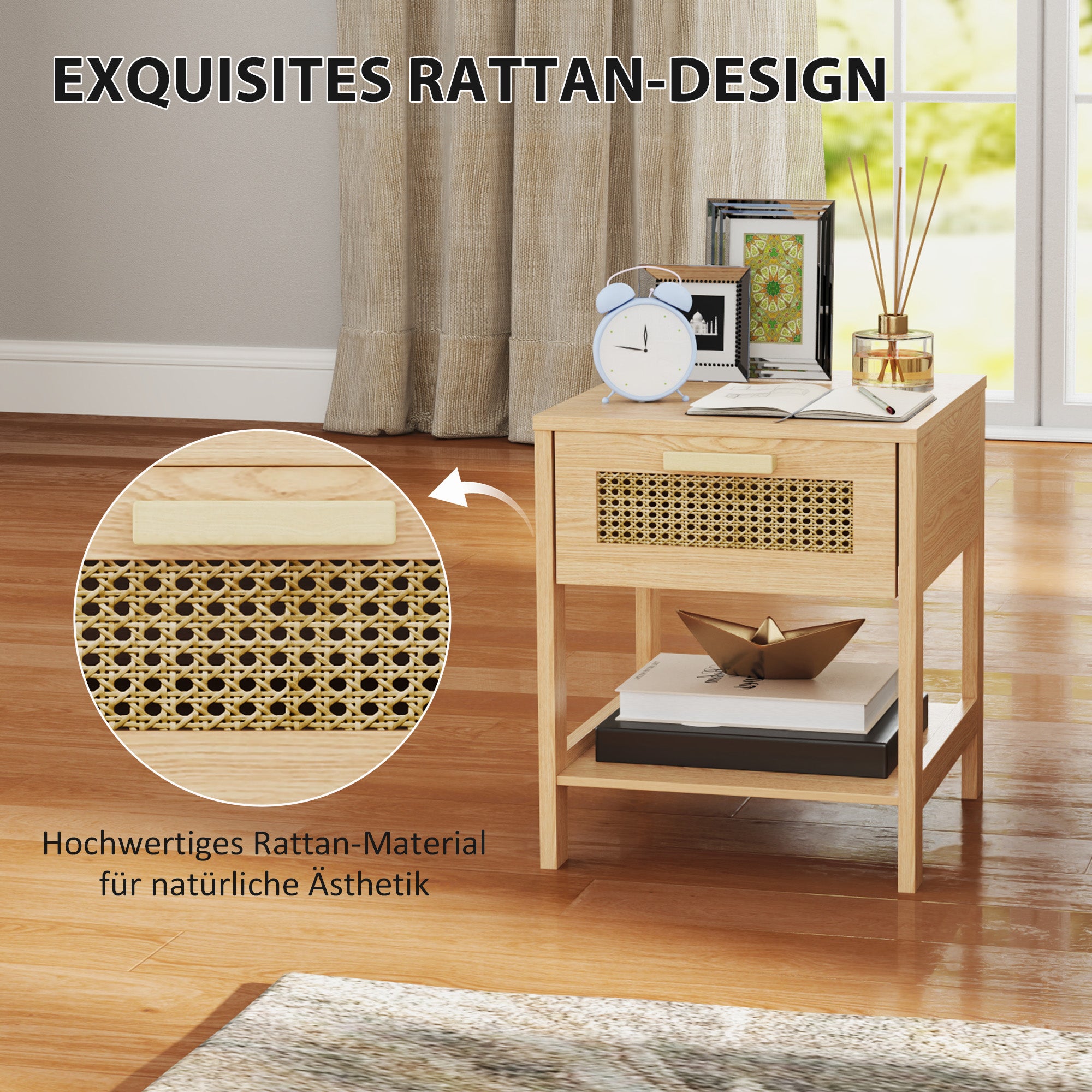 Nachttisch mit Rattan-Schublade und Ablage