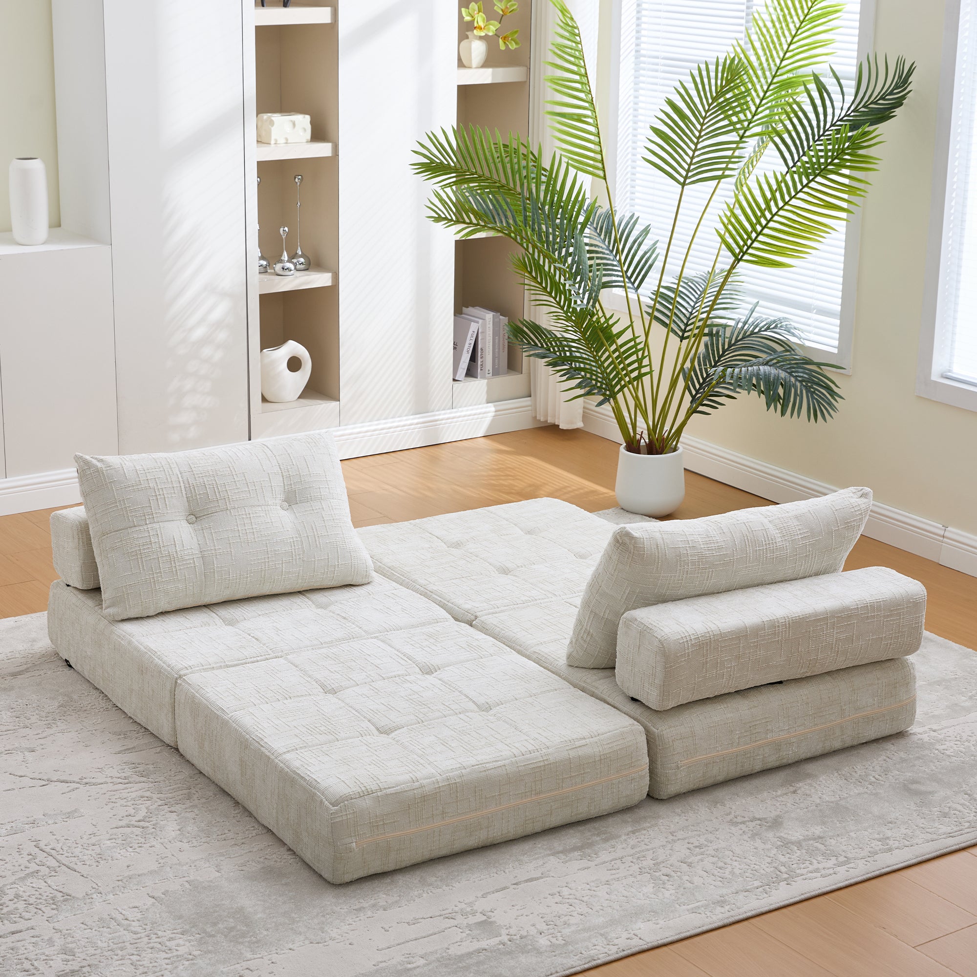 Klappbares Schlafsofa in Beige – Multifunktionales Bodensofa mit Kissen