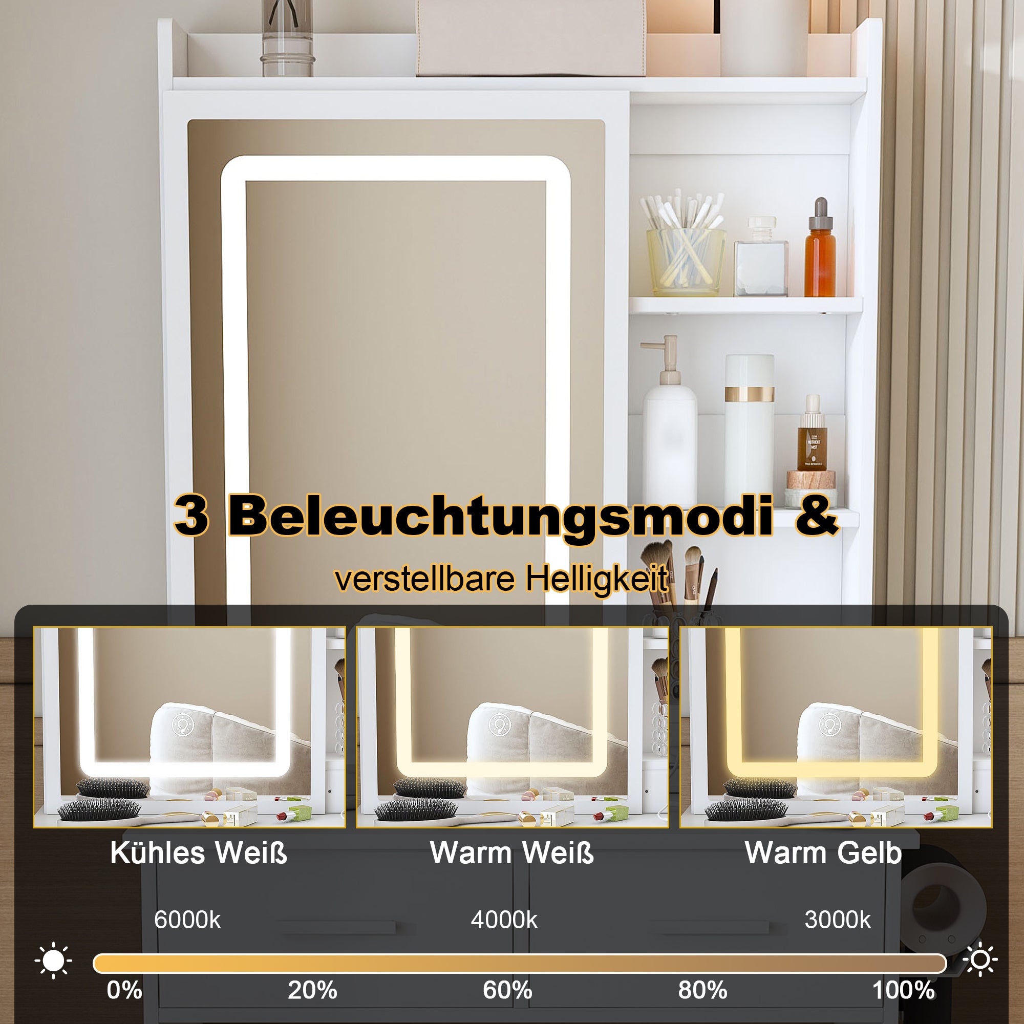 Moderner Schminktisch mit LED-Spiegel und Stauraum