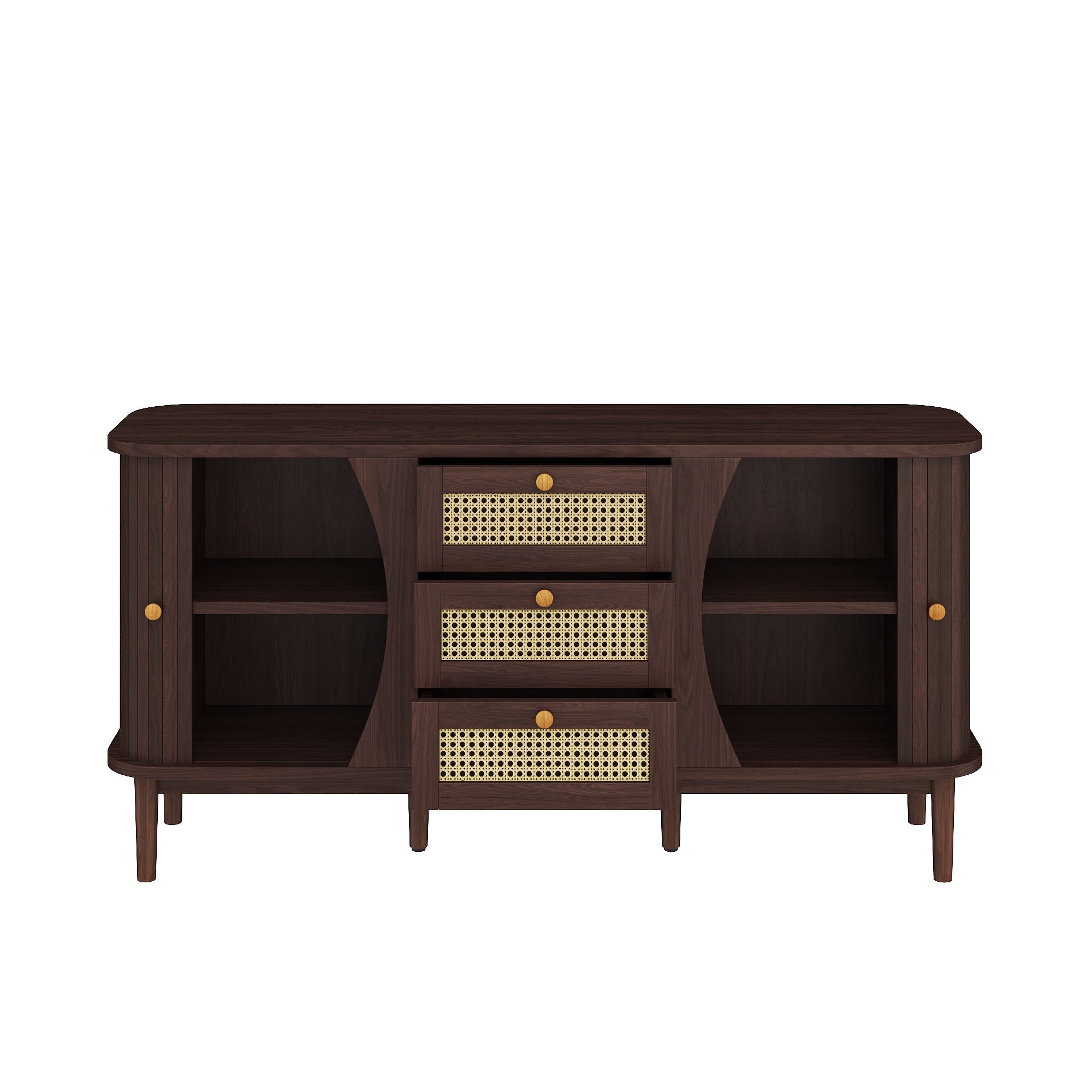 Modernes Sideboard mit Rattan-Details und Schiebetüren