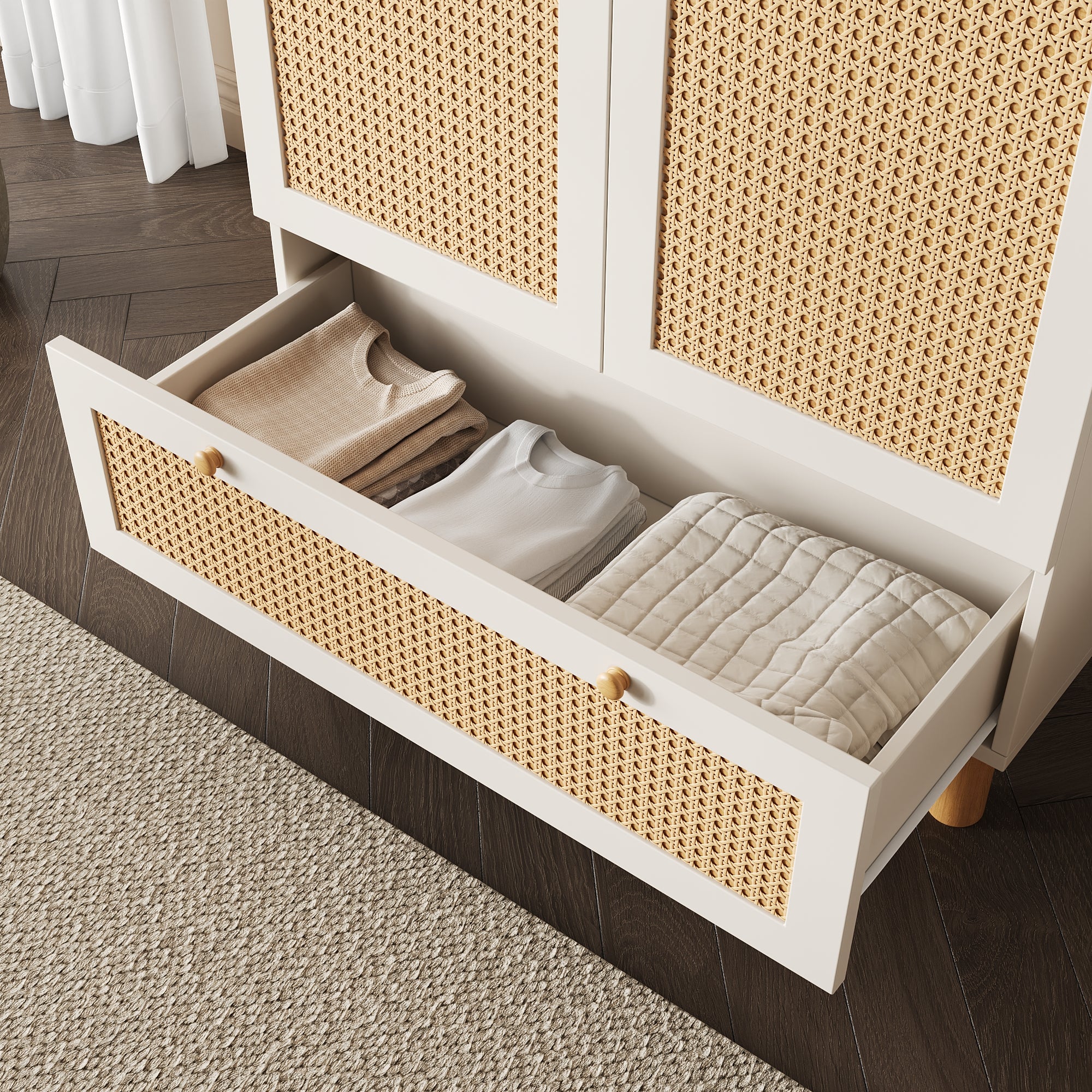 Landhaus Kleiderschrank mit Rattanfront und vielseitigem Stauraum