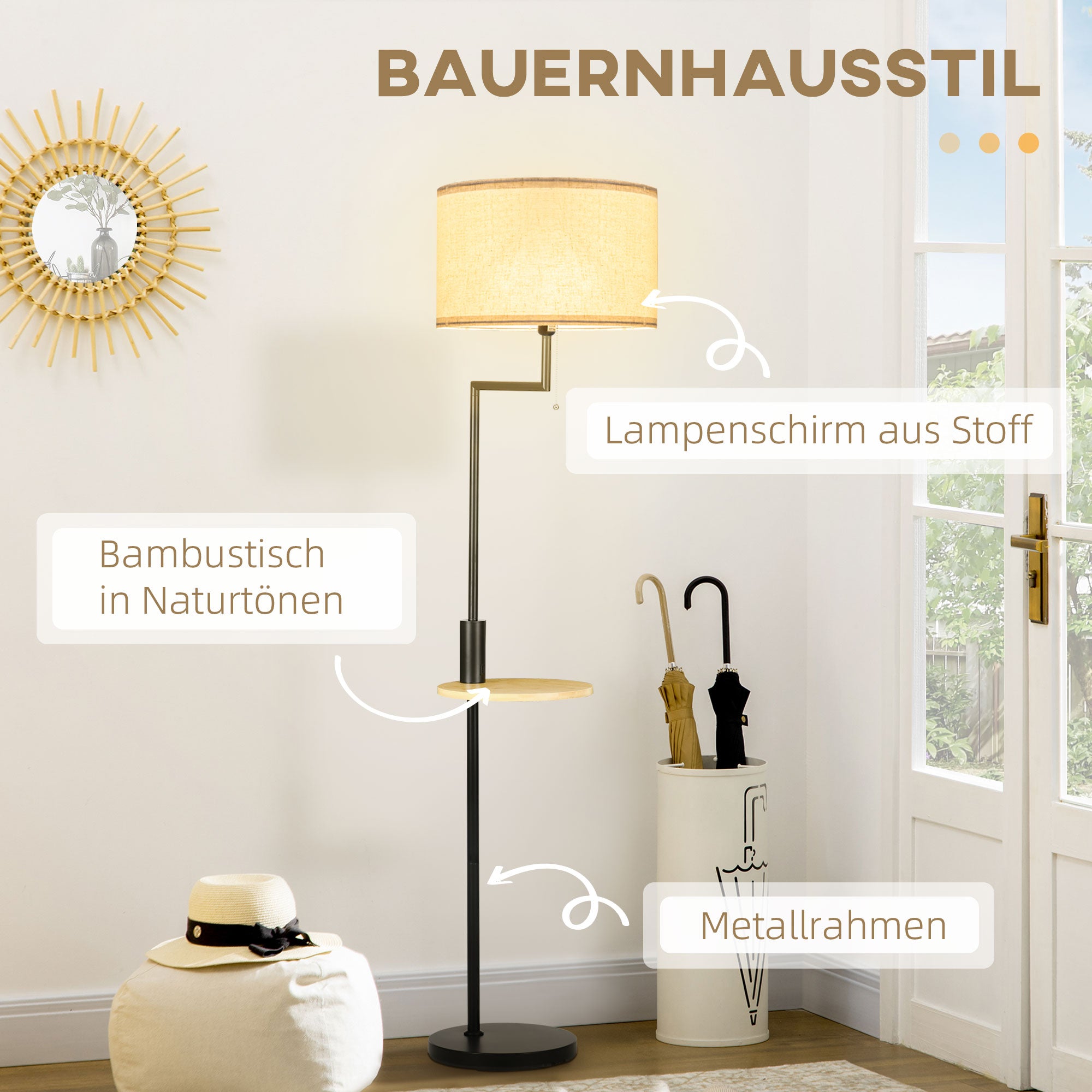 Moderne Stehleuchte mit Ablage und USB-Anschluss für funktionales Wohnen