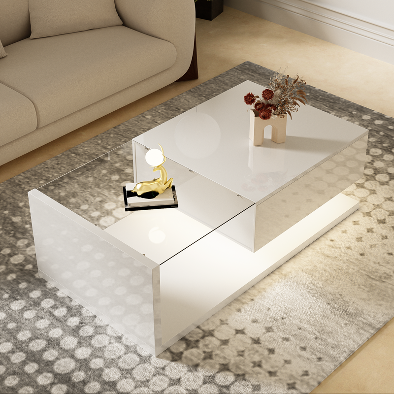 Moderner Couchtisch Hochglanz Weiß mit Glas & LED
