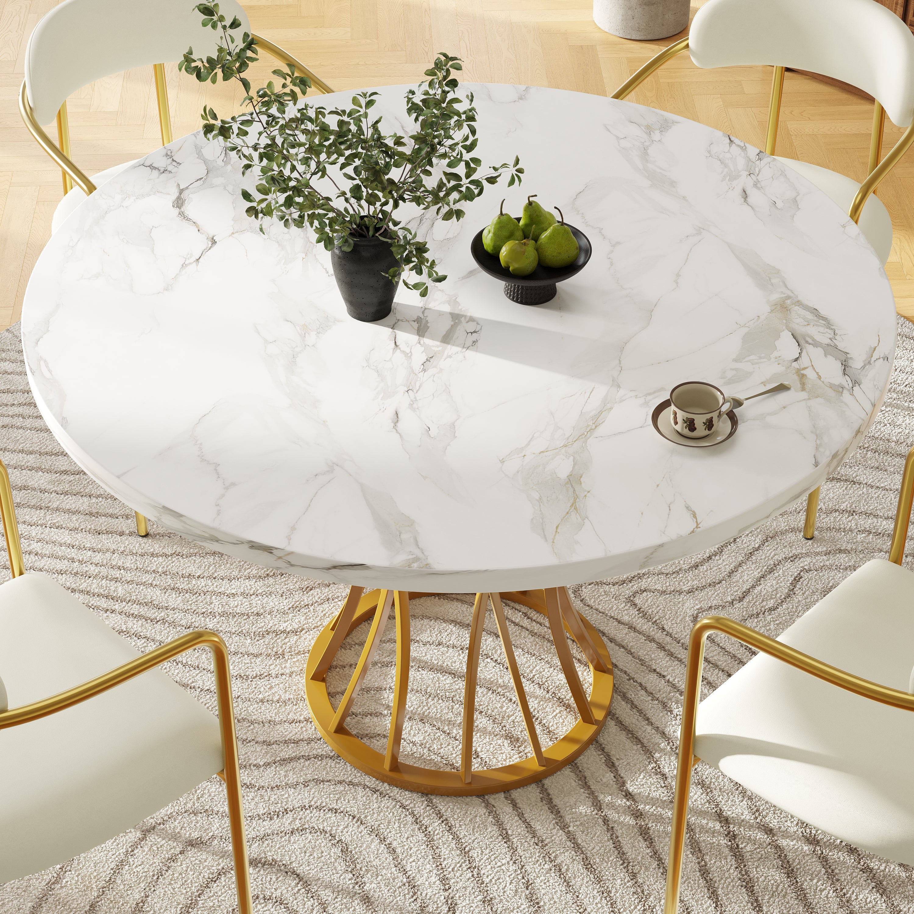 Runder Esstisch mit Marmormuster und elegantem Metallgestell
