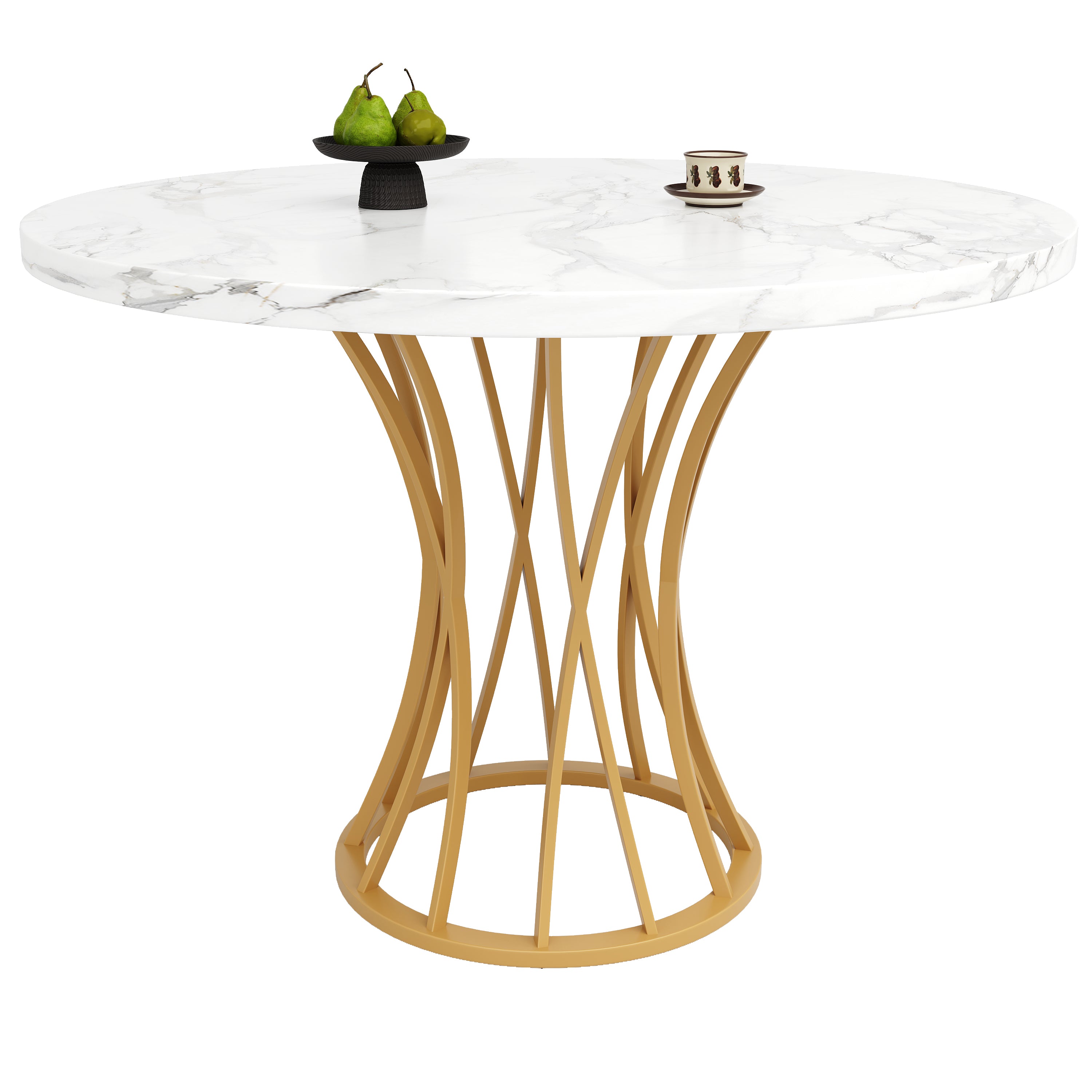 Runder Esstisch mit Marmormuster und elegantem Metallgestell