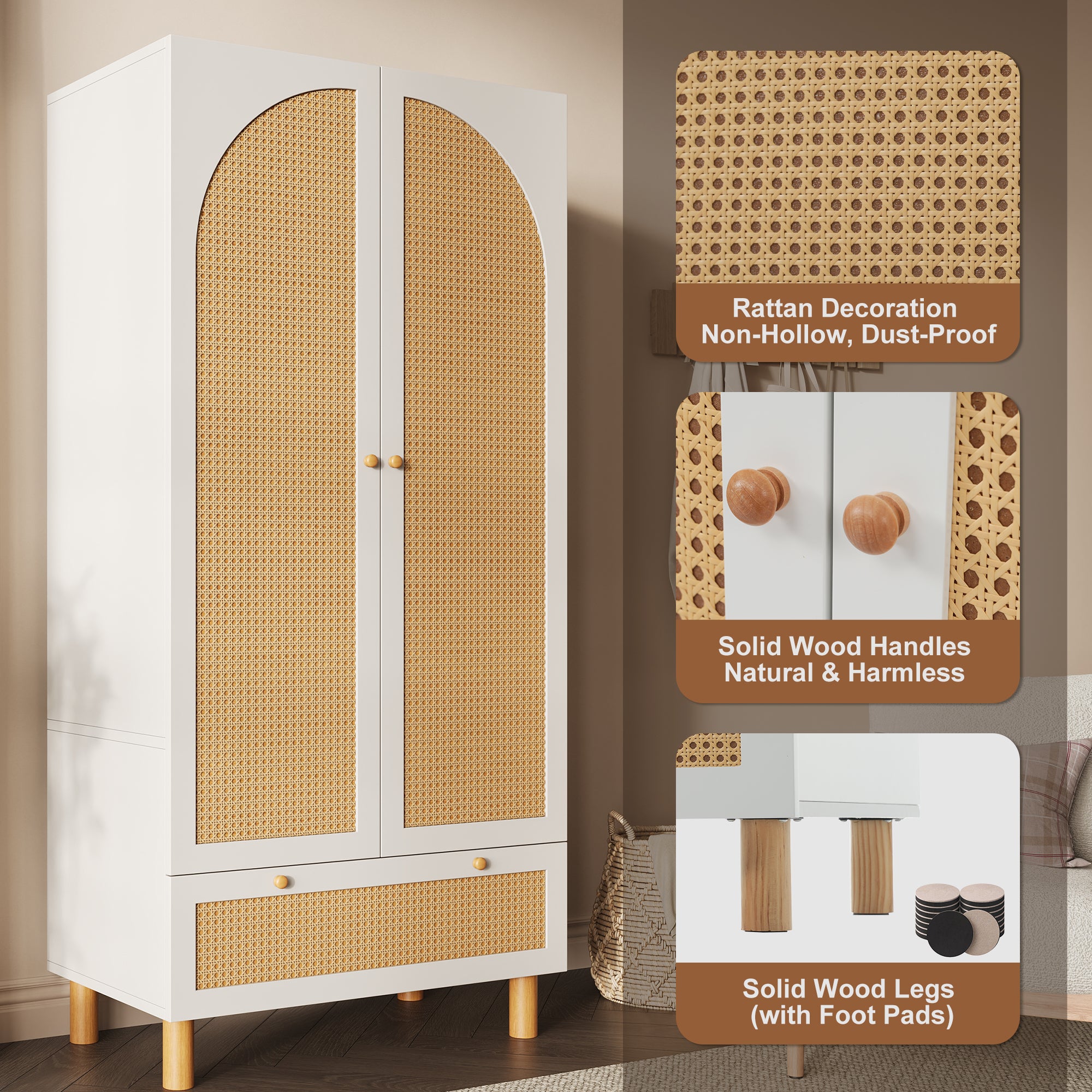 Landhaus Kleiderschrank mit Rattanfront und vielseitigem Stauraum