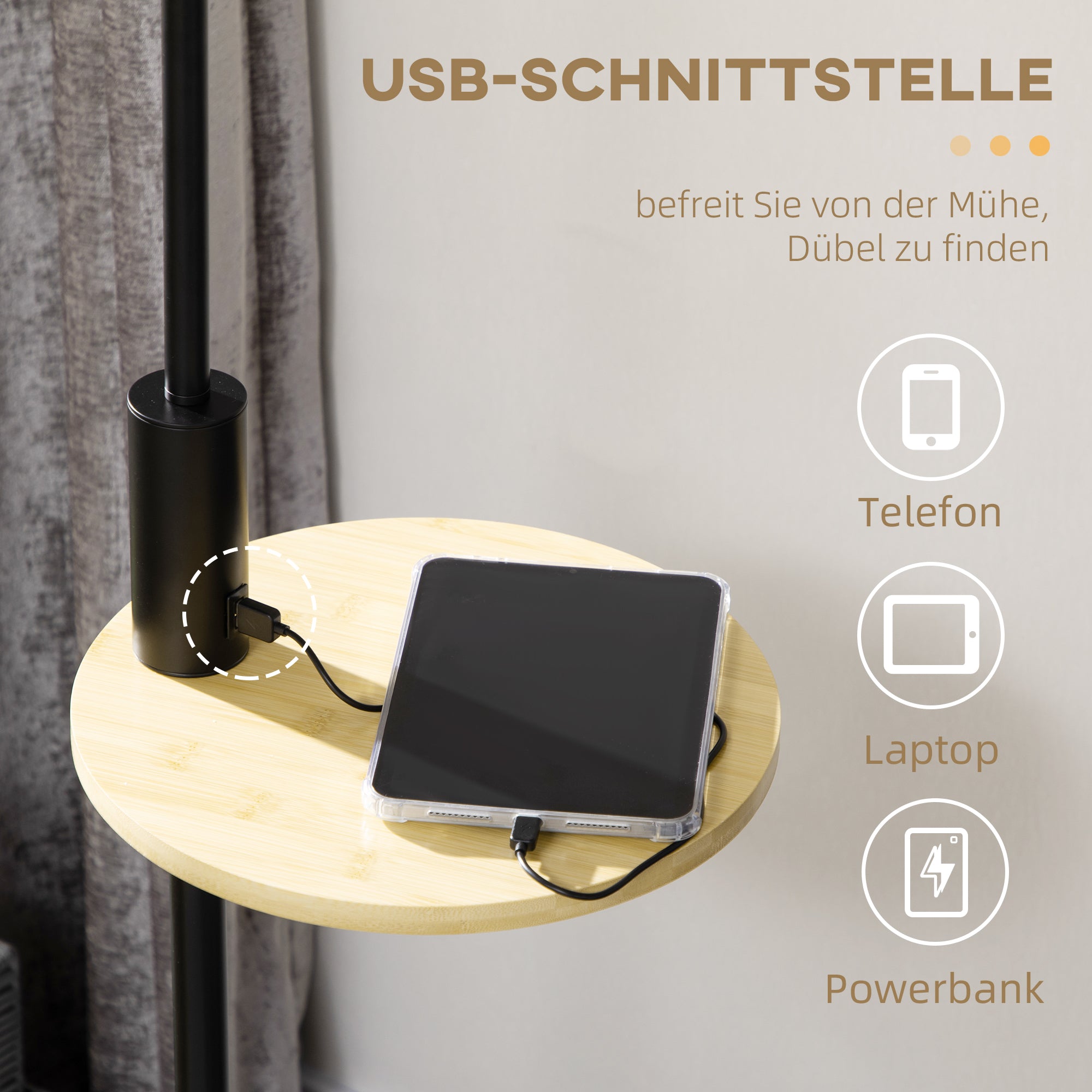 Moderne Stehleuchte mit Ablage und USB-Anschluss für funktionales Wohnen