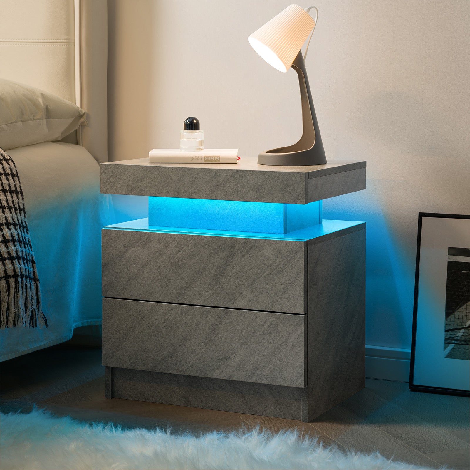 Moderner Nachttisch mit LED-Beleuchtung und 2 Schubladen