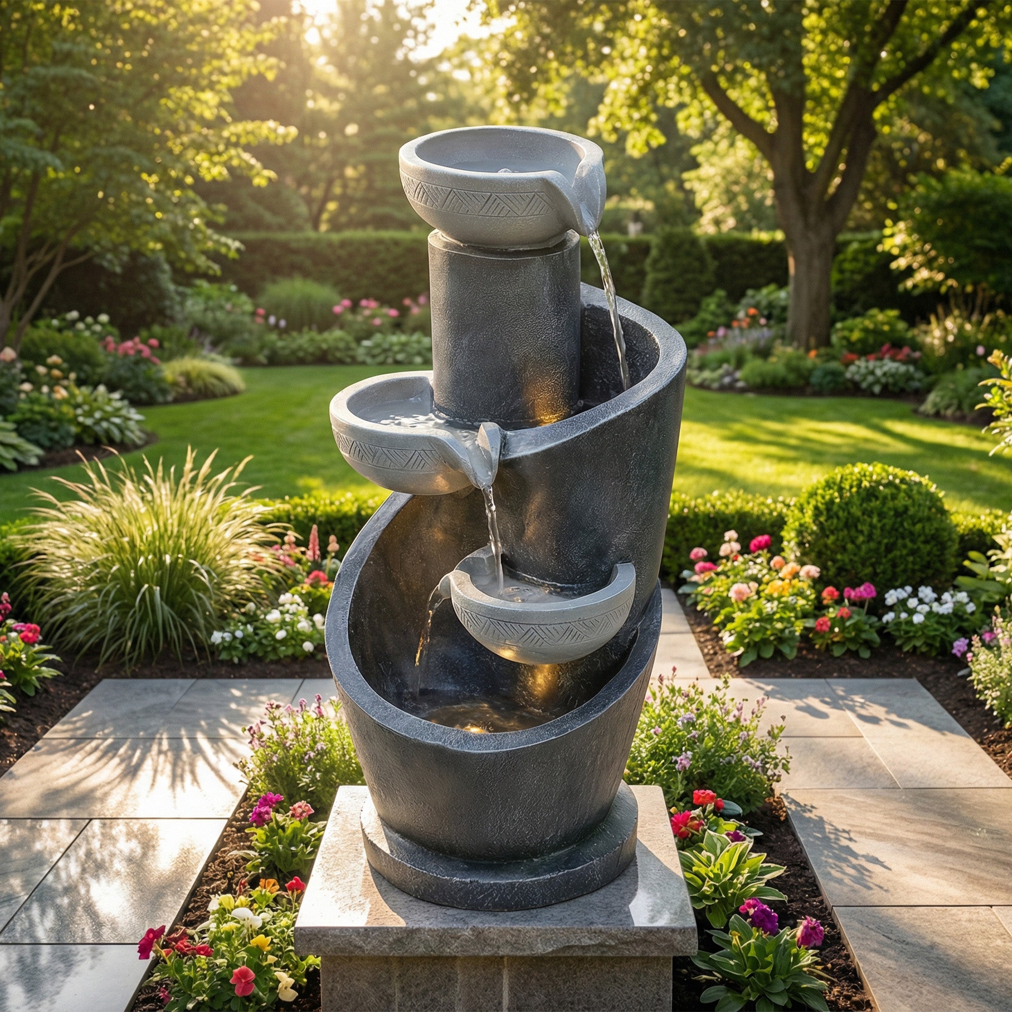 Gartenbrunnen mit LED-Beleuchtung – Dekoratives Wasserspiel mit Pumpe für Garten und Terrasse