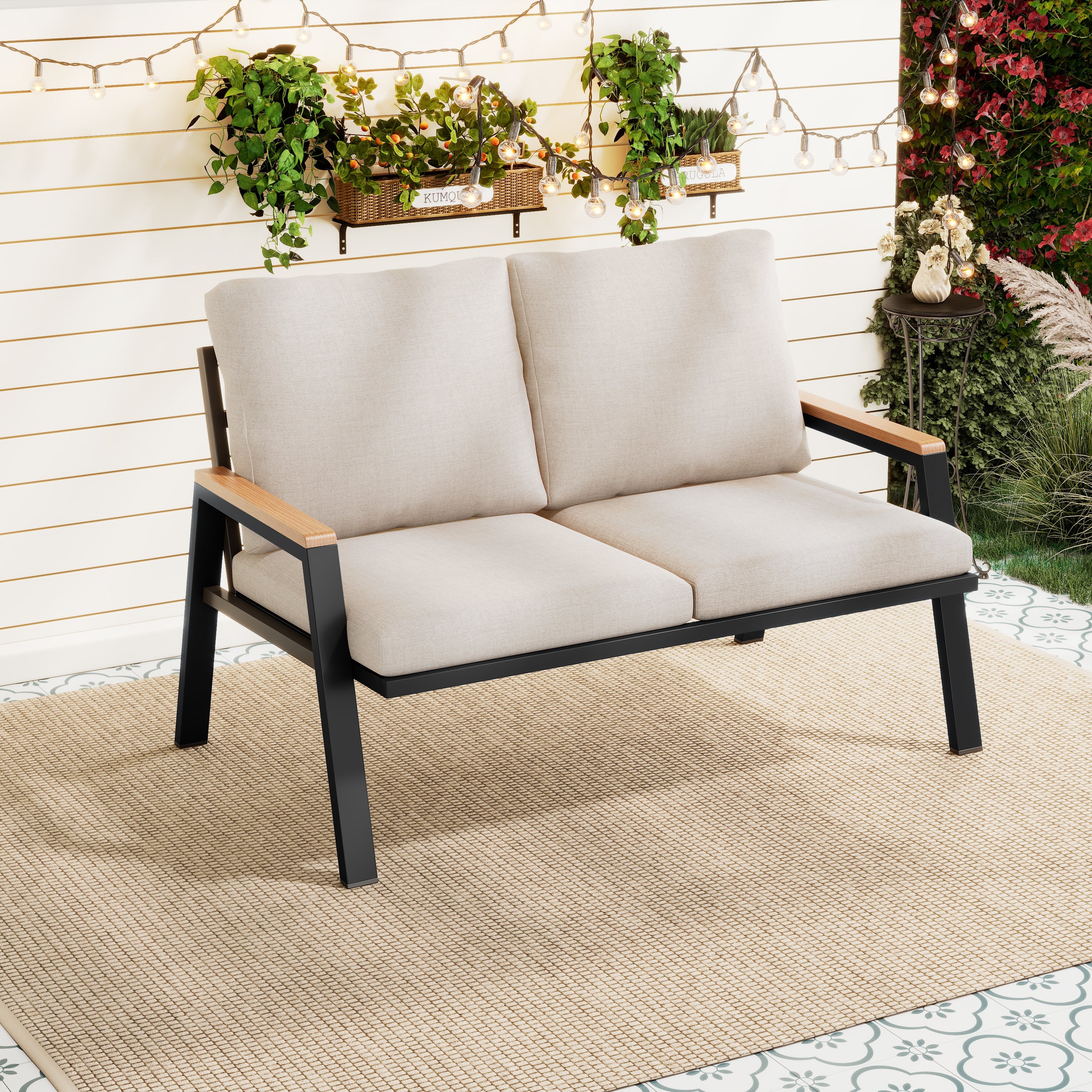 Outdoor 2-Sitzer Sofa – Gartenbank im Industrial Design mit Stahlrahmen und Komfortpolster