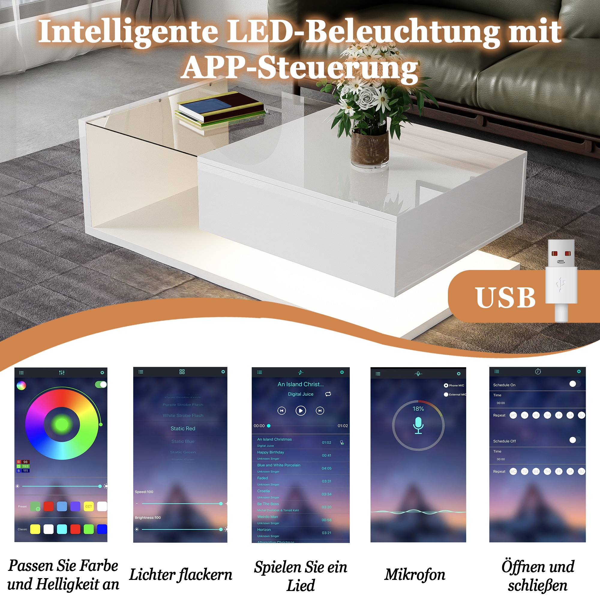 Moderner Couchtisch Hochglanz Weiß mit Glas & LED