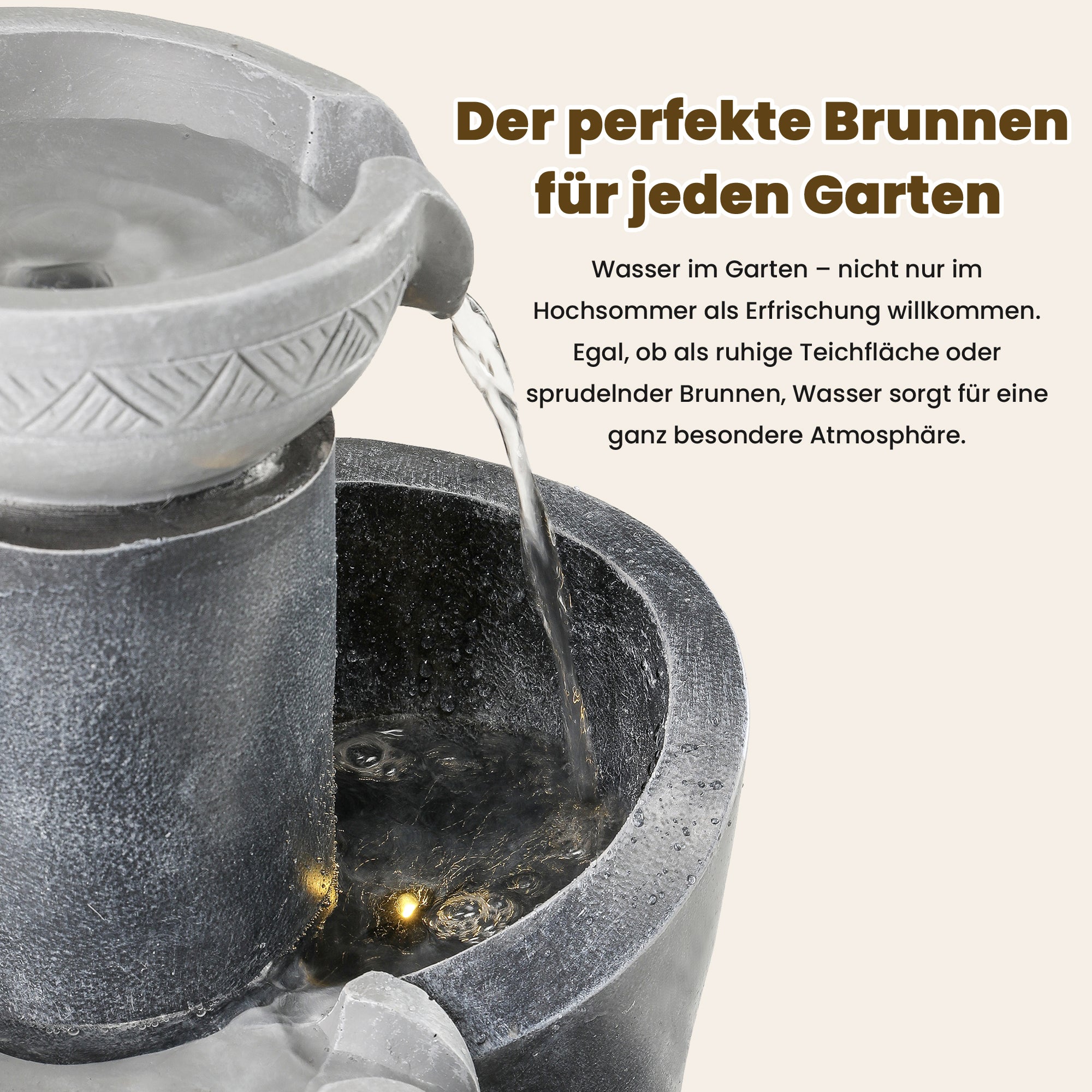 Gartenbrunnen mit LED-Beleuchtung – Dekoratives Wasserspiel mit Pumpe für Garten und Terrasse