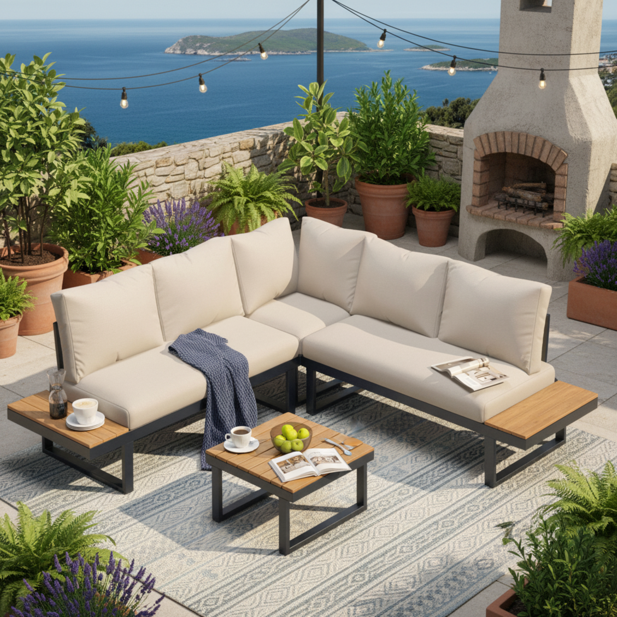 Garten Lounge Set mit verstellbarer Rückenlehne – Outdoor Sofaset mit Tisch und Stahlrahmen