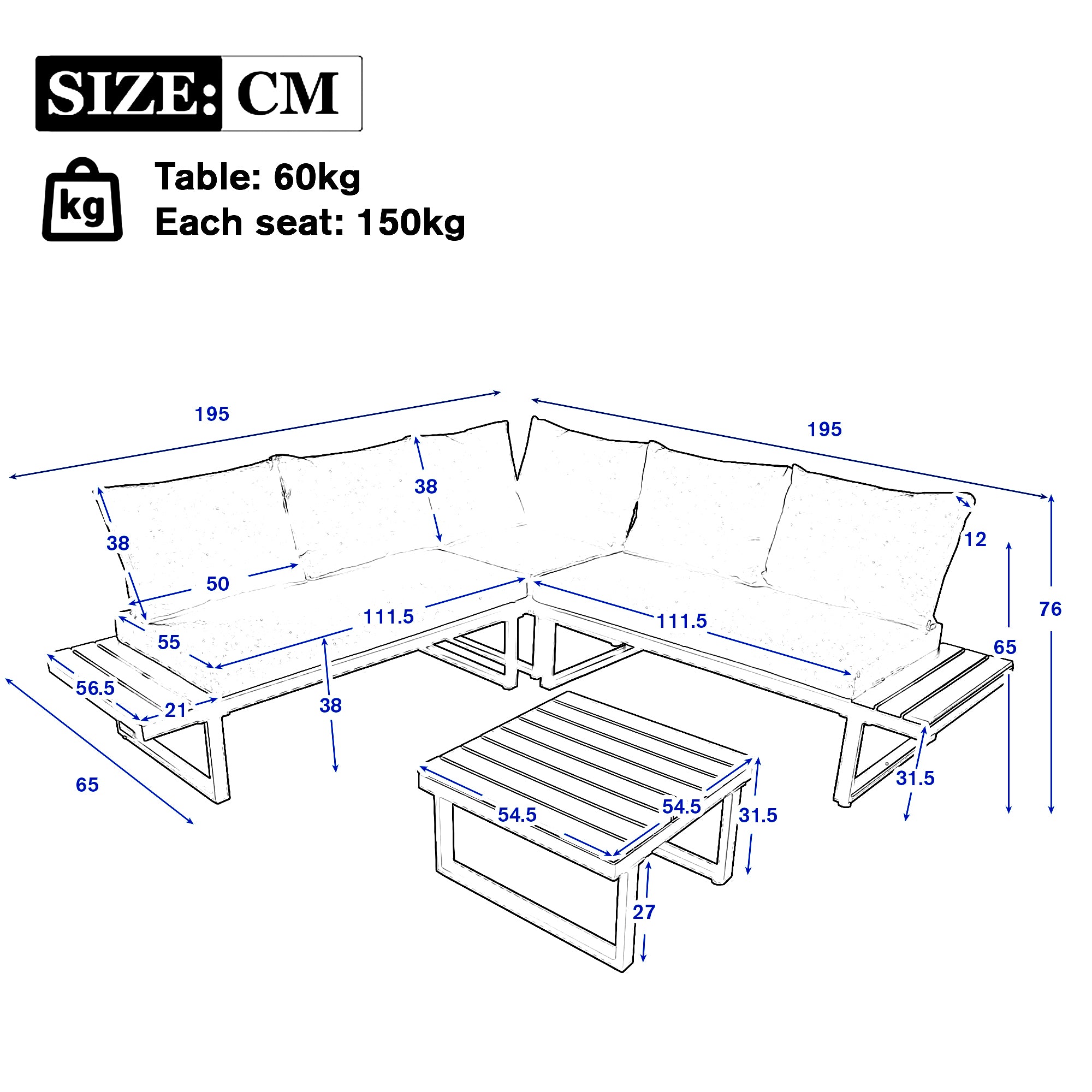 Garten Lounge Set mit verstellbarer Rückenlehne – Outdoor Sofaset mit Tisch und Stahlrahmen