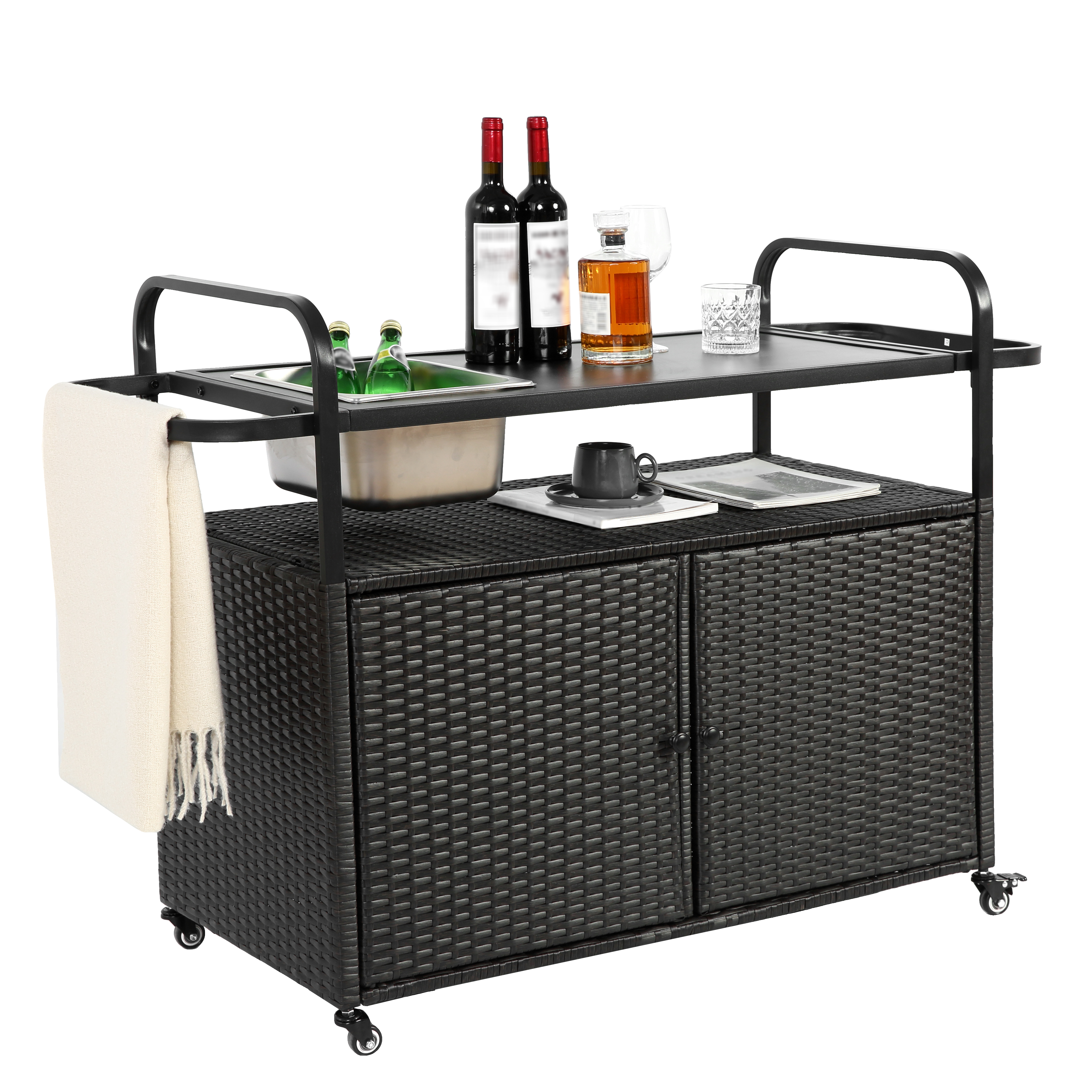 Outdoor Barwagen mit Stauraum – Servierwagen mit Spüle, Rollen und Rattan-Design