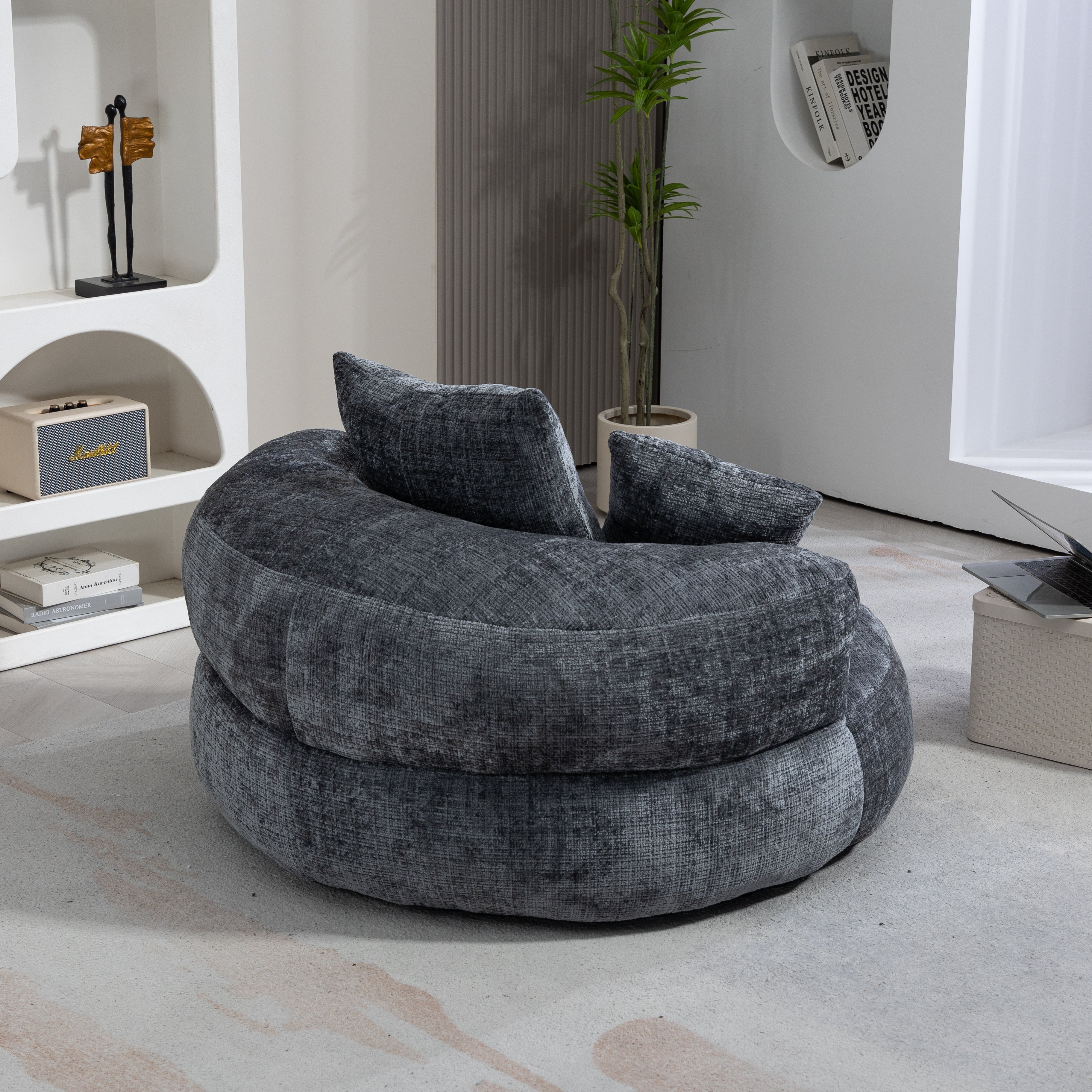 Runder Lazy Sofa Lounger in Grau – Komfortabler Chenille Sitzsack mit Kissen
