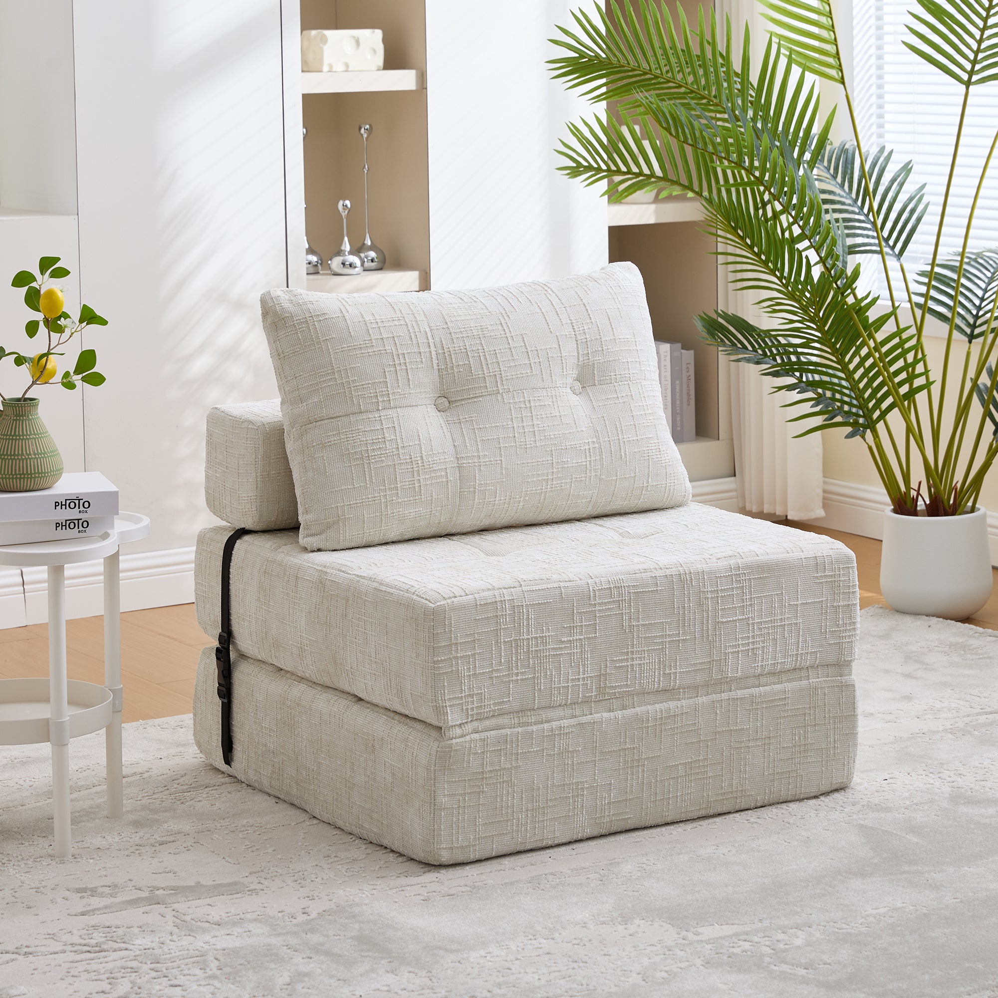Klappbares Schlafsofa in Beige – Multifunktionales Bodensofa mit Kissen