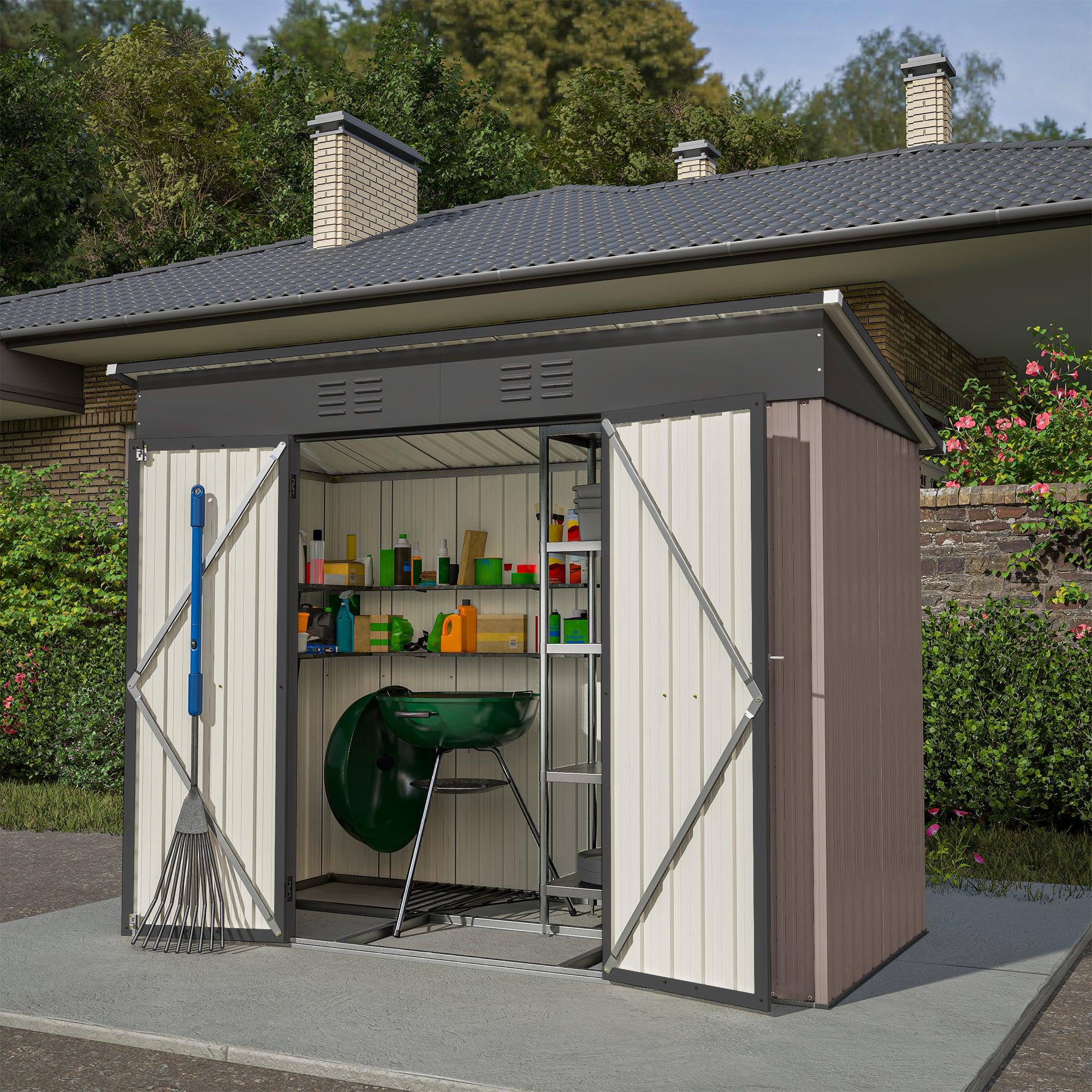 Metall Gerätehaus 8x4 FT – Wetterfester Gartenschuppen mit Fundament & Belüftungssystem