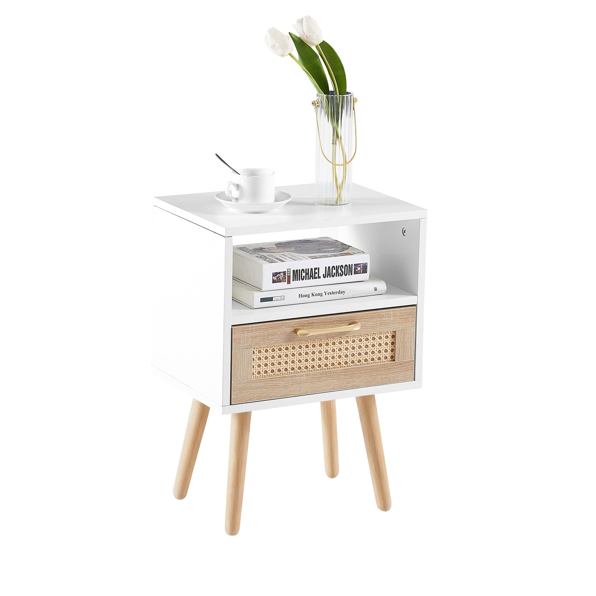 Moderner Nachttisch mit Rattan-Schublade und offener Ablage