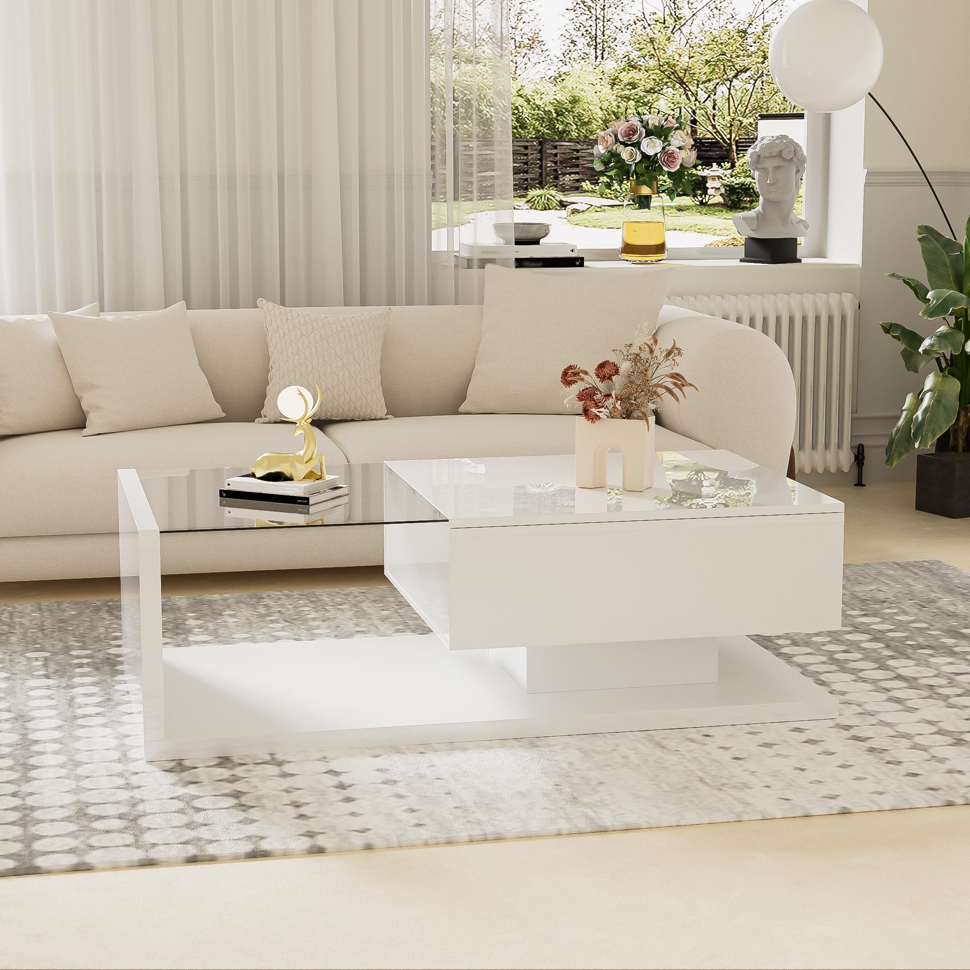 Moderner Couchtisch Hochglanz Weiß mit Glas & LED