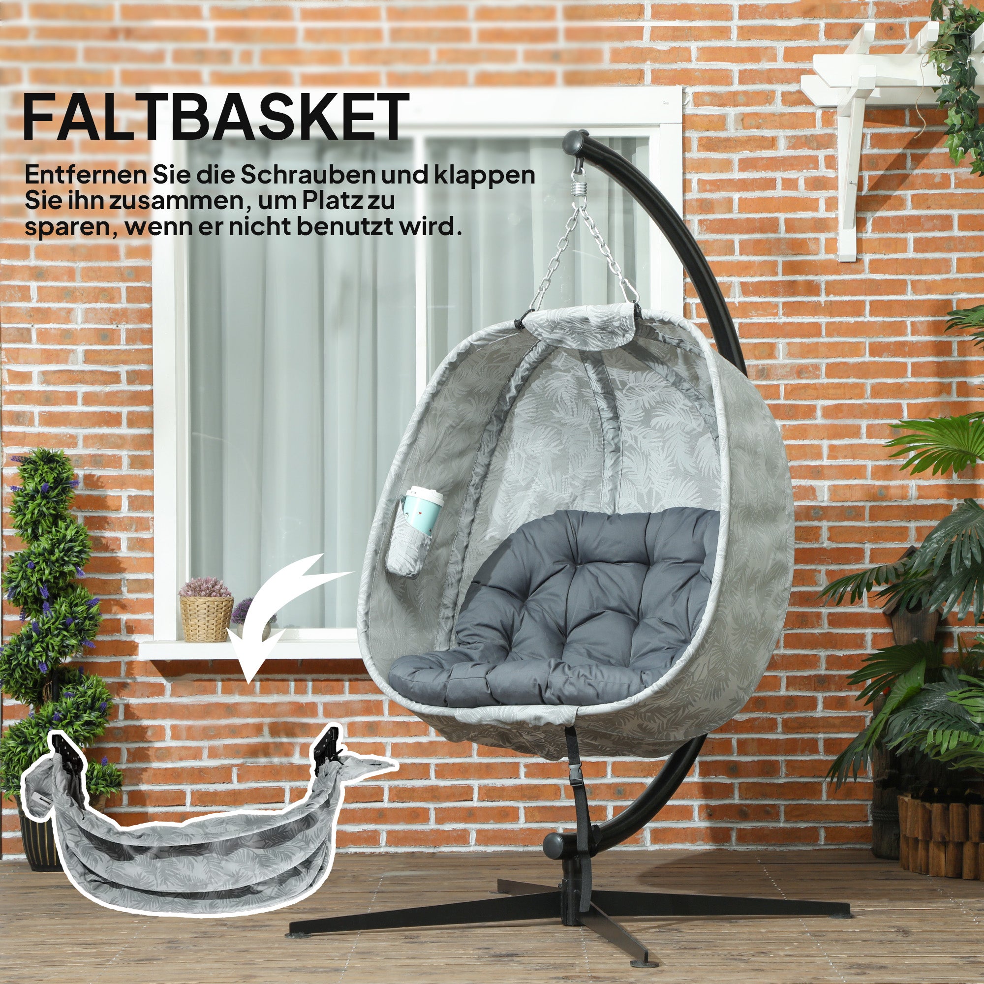 Ei-Hängesessel mit Gestell – Faltbarer Outdoor Schaukelsessel mit dickem Kissen & Getränkehalter