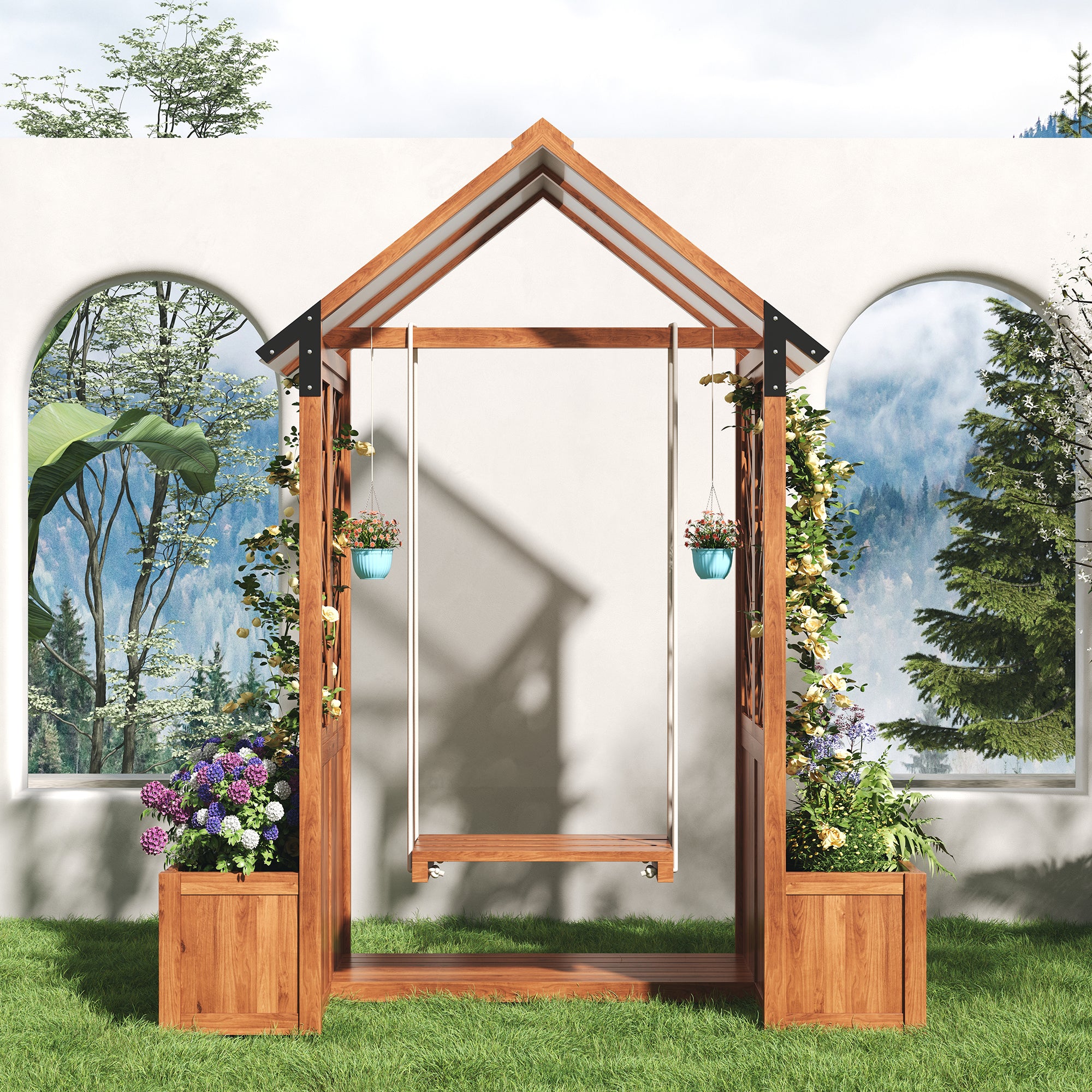 Pflanzkübel mit Schaukel und Rankgitter – Garten-Pflanzgefäß mit Sonnendach und Holzrahmen