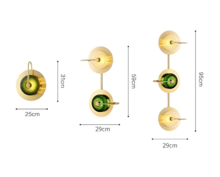 Skandinavischer Design Messing Wandleuchter, Grün/Klarglas, E27 LED, 2/3 Köpfe