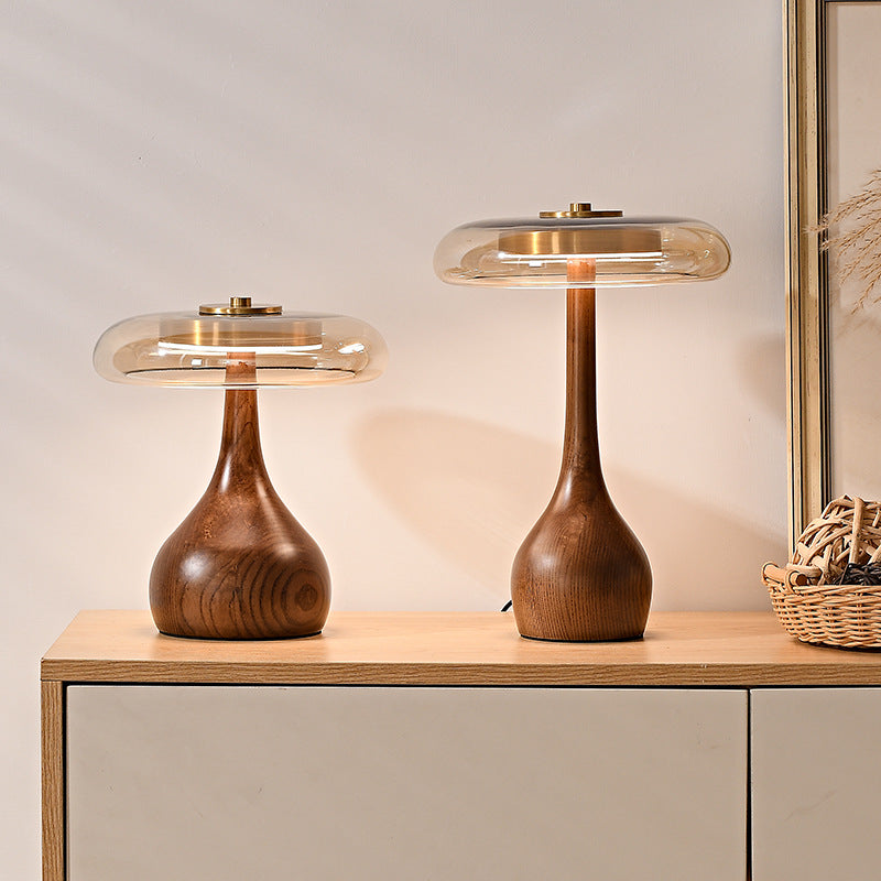 Vintage-Tischlampe aus Holz und Glas