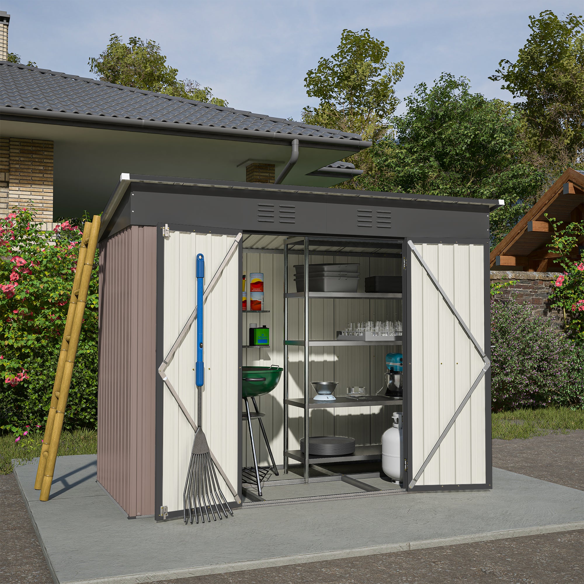 Metall Gerätehaus 8x4 FT – Wetterfester Gartenschuppen mit Fundament & Belüftungssystem