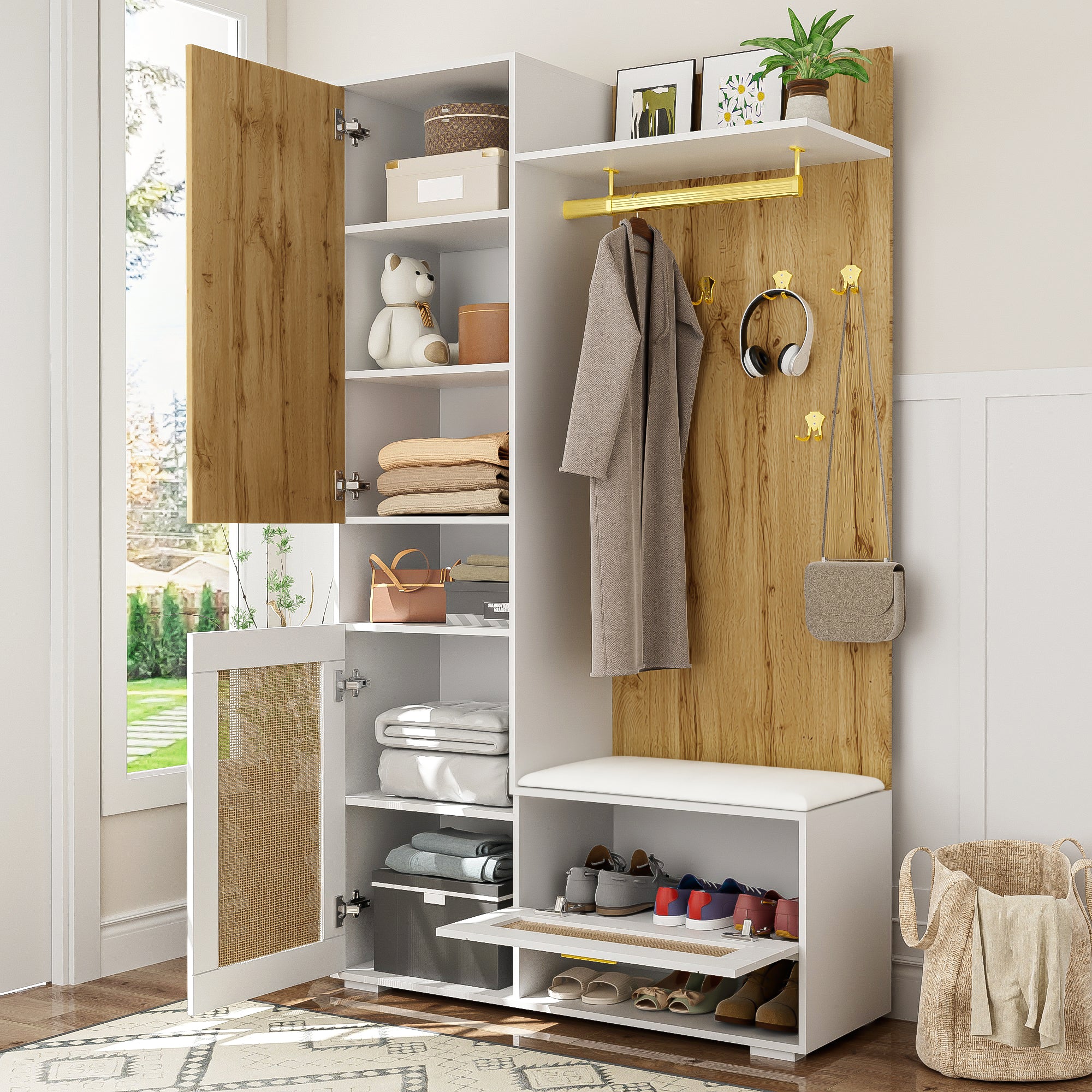 Modernes Garderoben-Set mit Spiegel, LED-Beleuchtung & Sitzbank