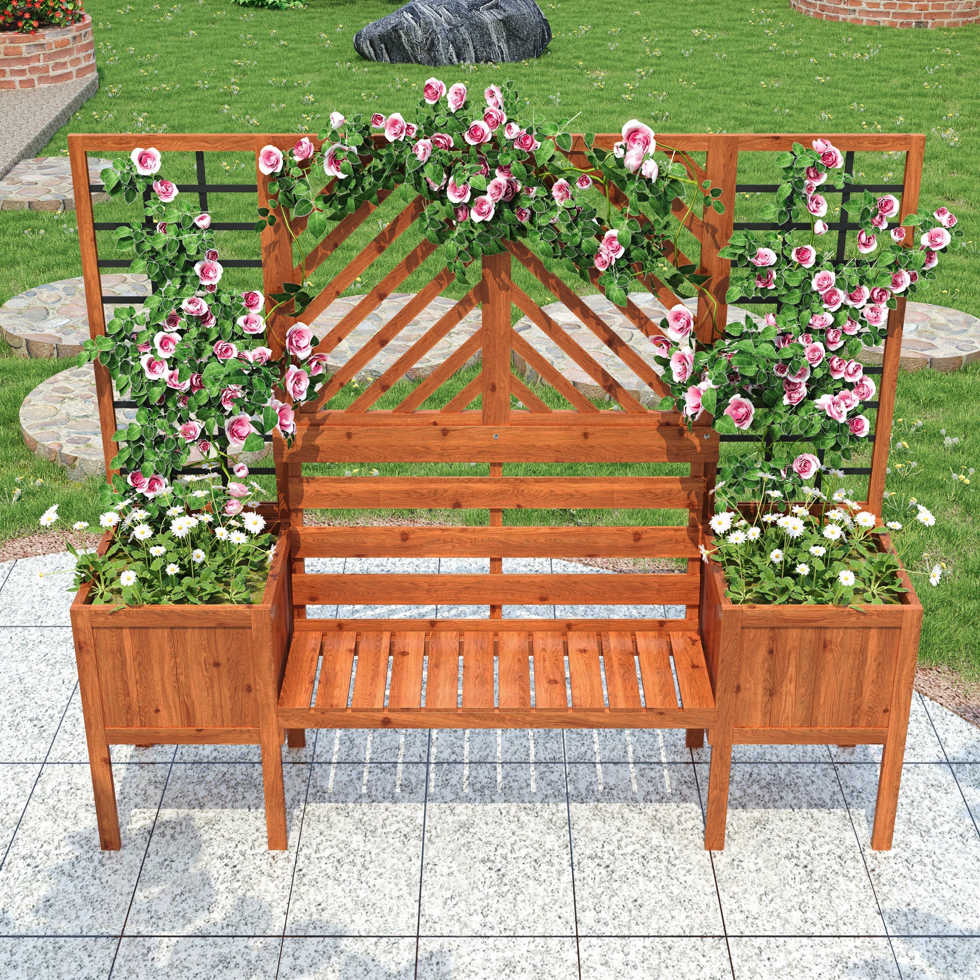Pflanzkübel mit Spalier und Sitzbank – Massivholz Pflanzkasten für Garten und Terrasse
