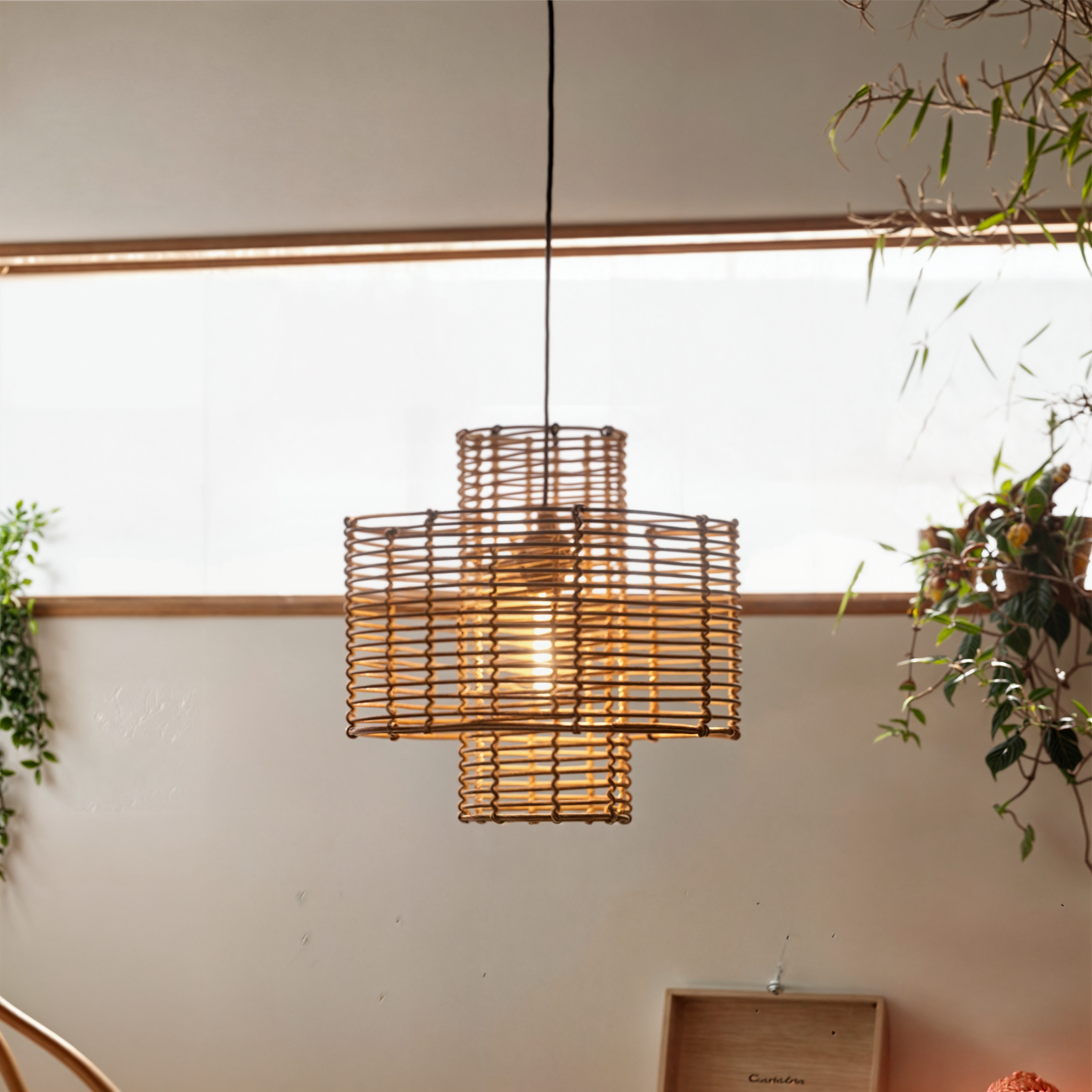 Rattan-Hängeleuchte im Boho-Stil, naturfarben, verstellbar, verkabelt