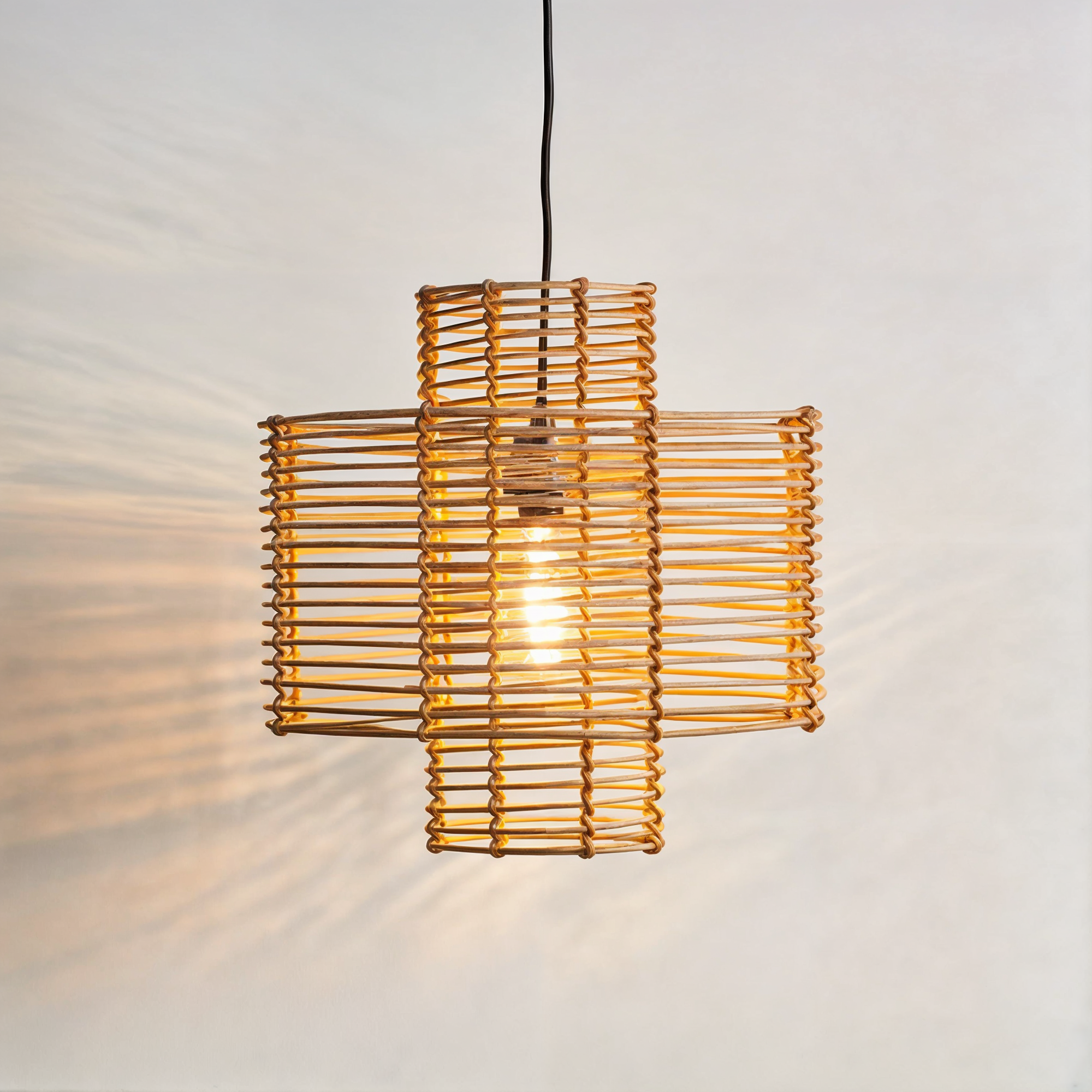 Rattan-Hängeleuchte im Boho-Stil, naturfarben, verstellbar, verkabelt