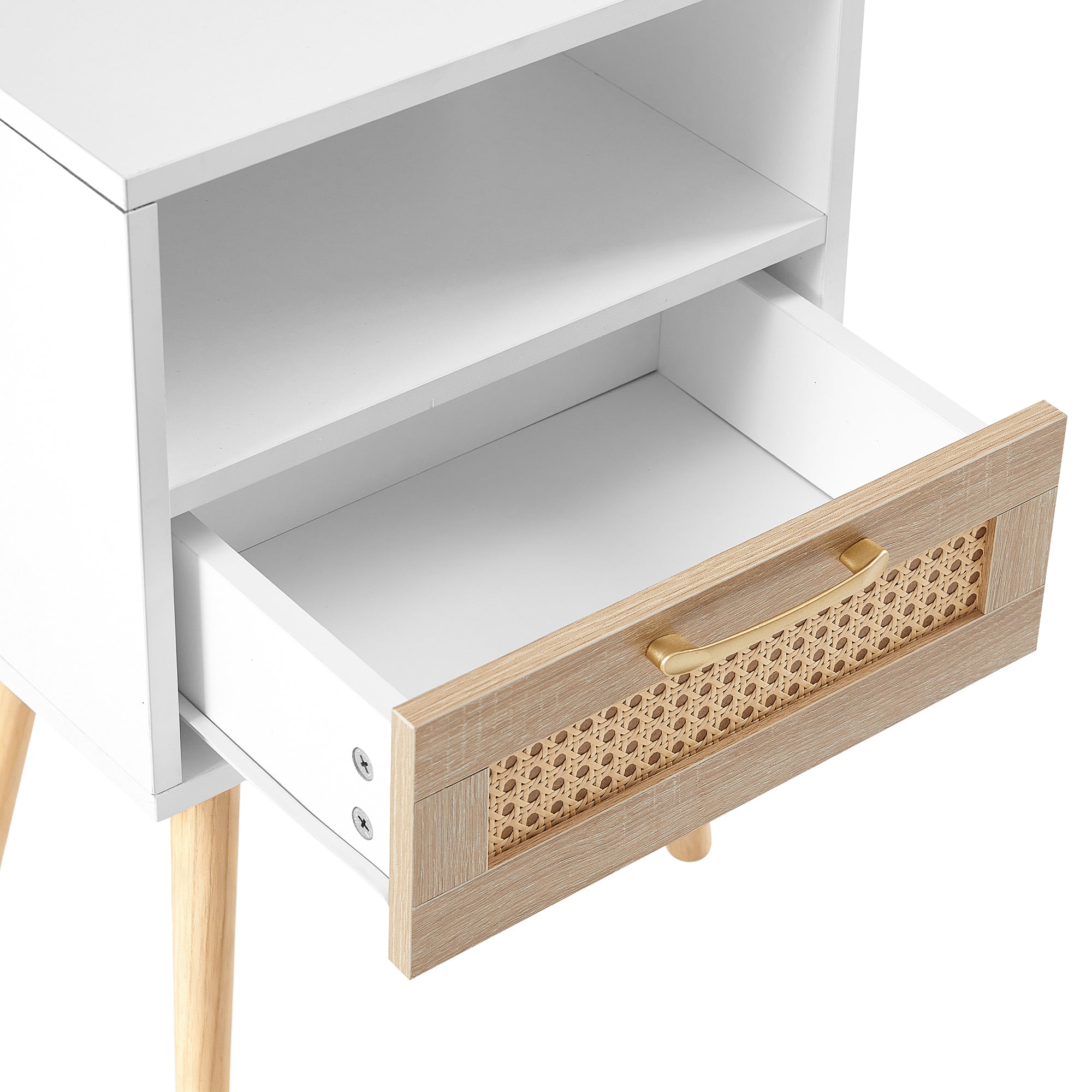 Moderner Nachttisch mit Rattan-Schublade und offener Ablage