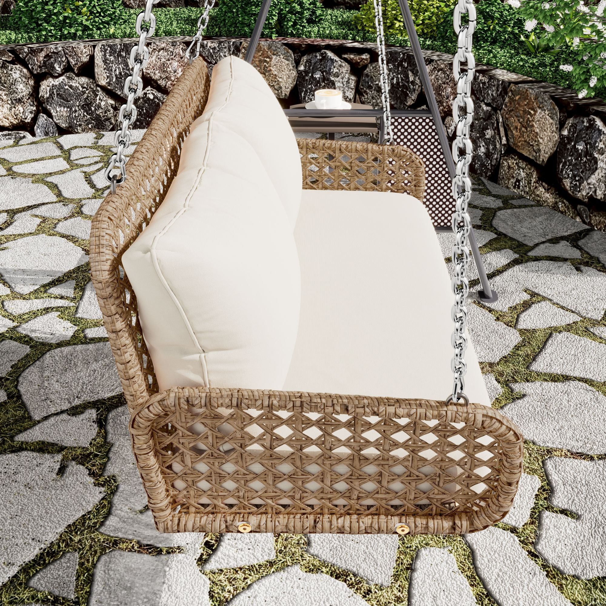 PE-Rattan Hängeschaukel für 2 Personen – Gartenschaukel mit Kissen und stabiler Kettenaufhängung