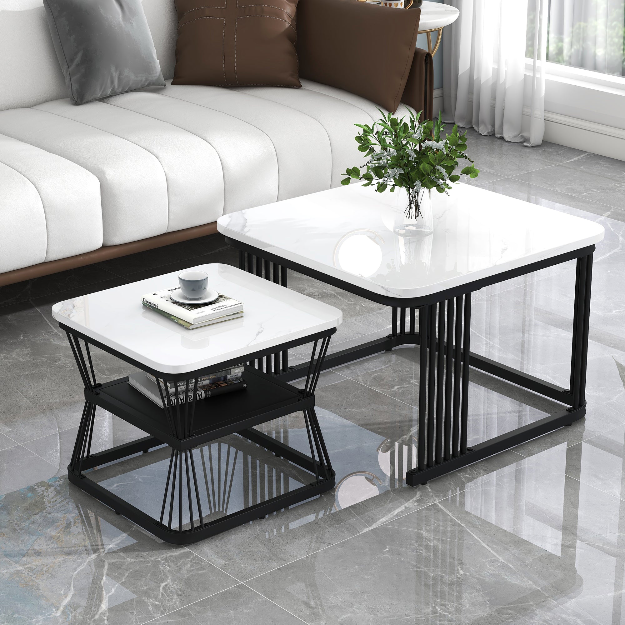 2er-Set moderne Couchtische in Marmoroptik