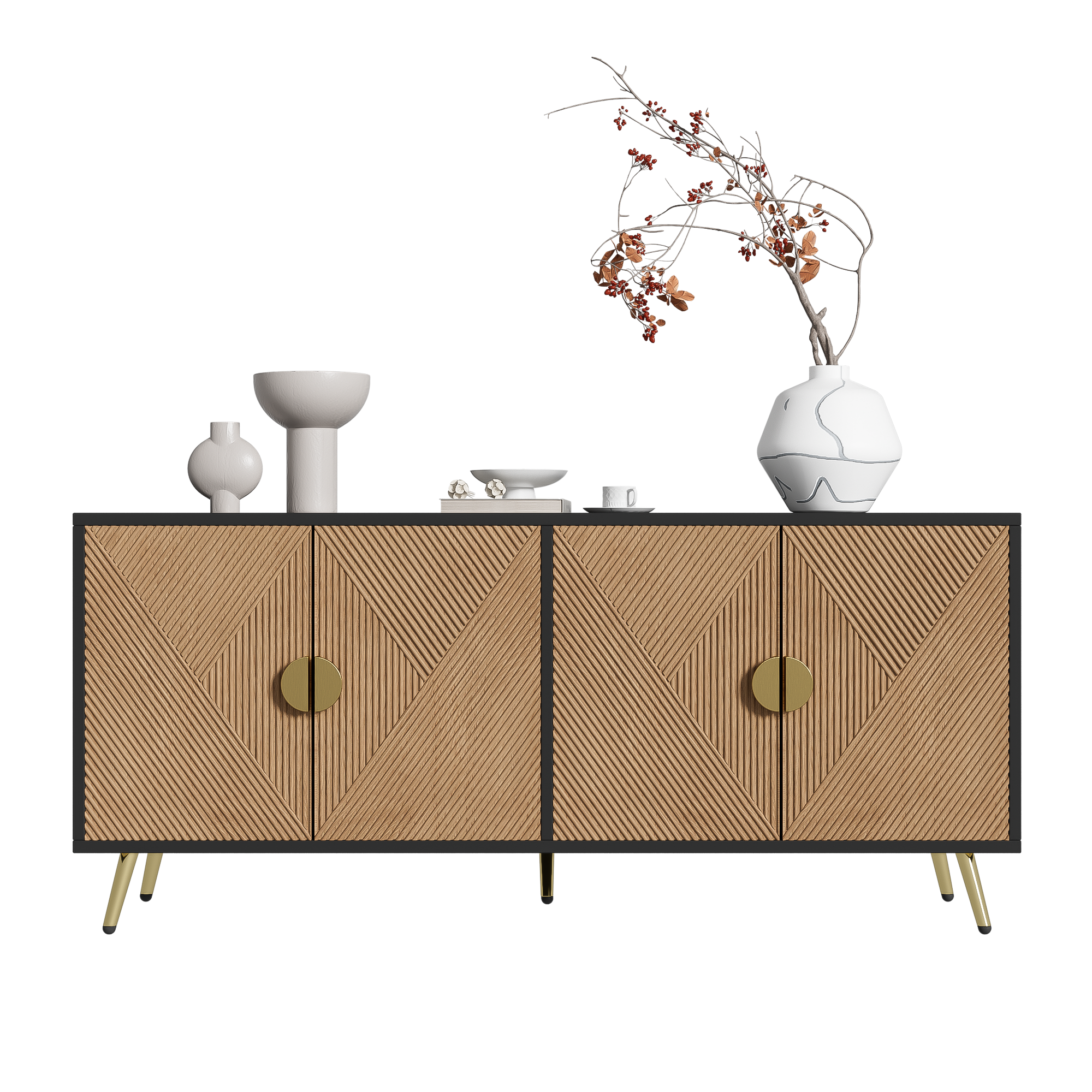 Modernes Sideboard mit Strukturfront und goldenen Akzenten