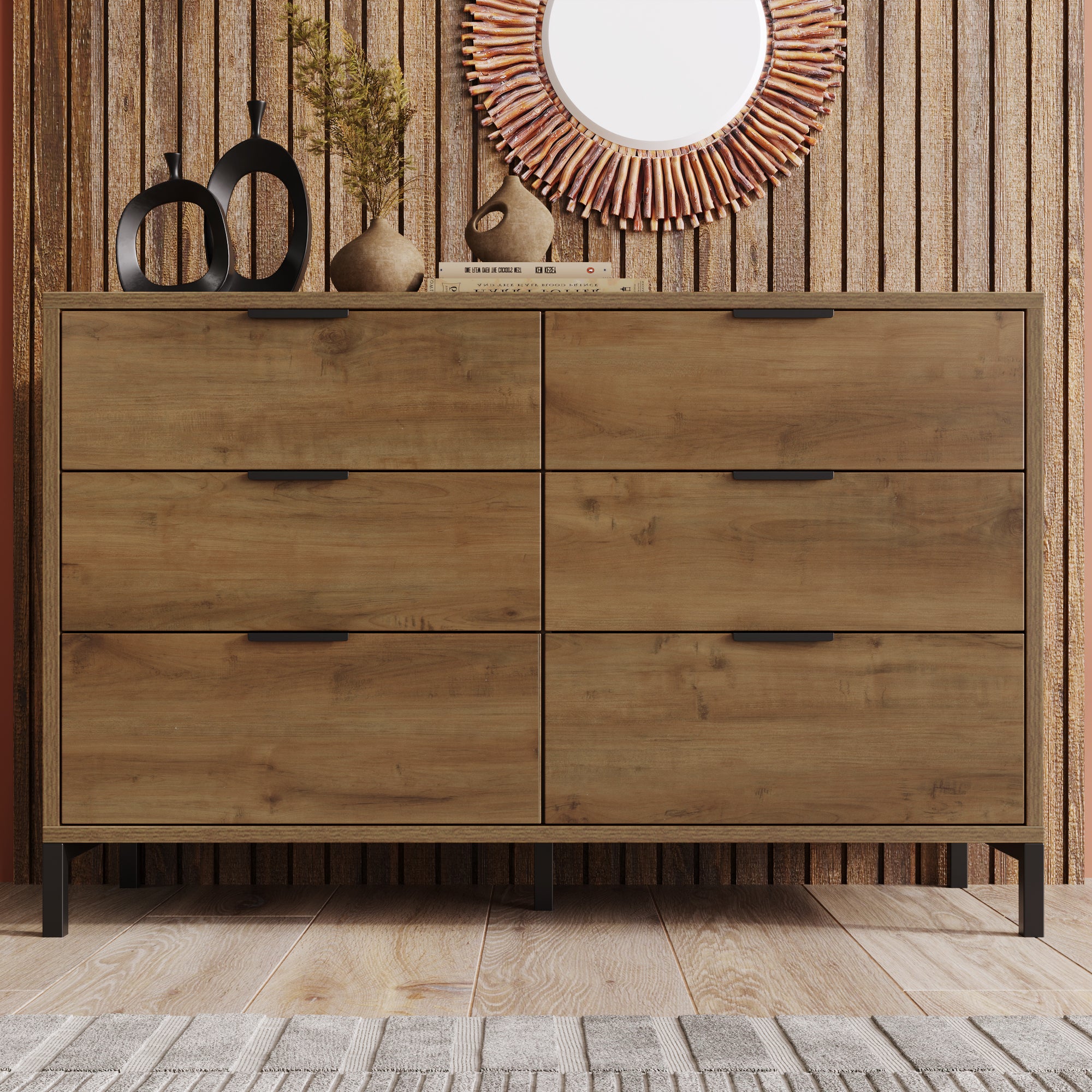 Kommode mit 6 Schubladen – Industrial Design in Dunkler Eiche
