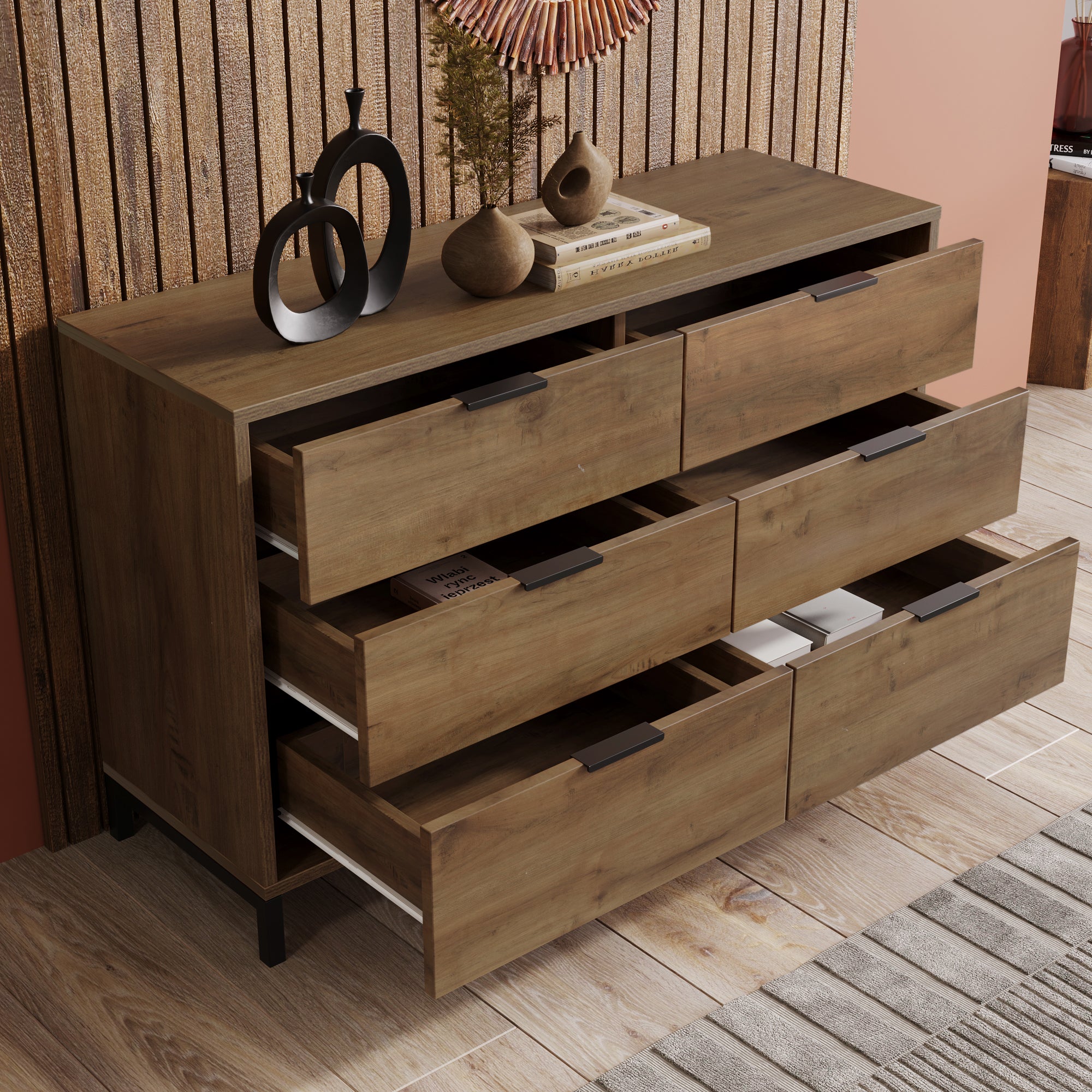 Kommode mit 6 Schubladen – Industrial Design in Dunkler Eiche