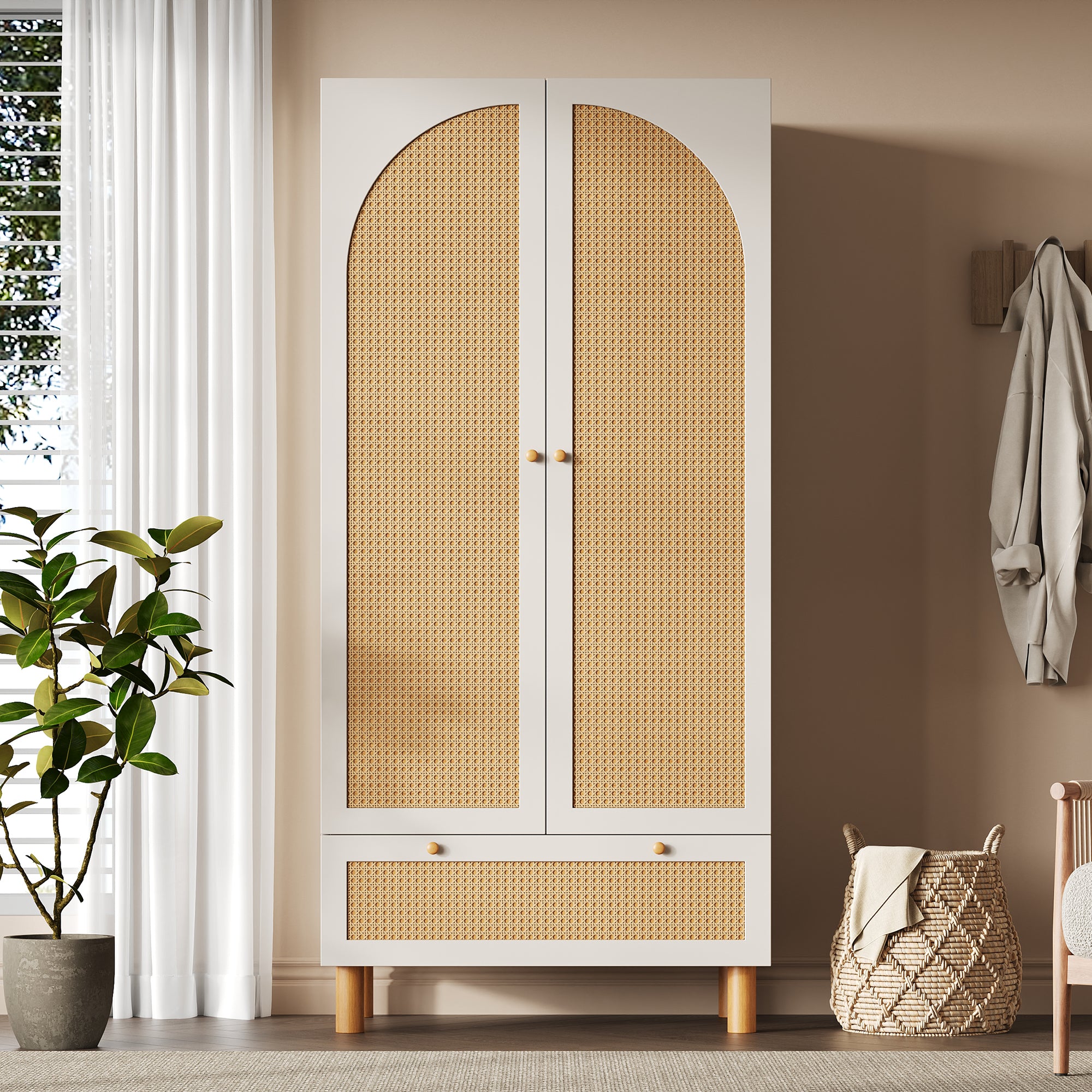 Landhaus Kleiderschrank mit Rattanfront und vielseitigem Stauraum