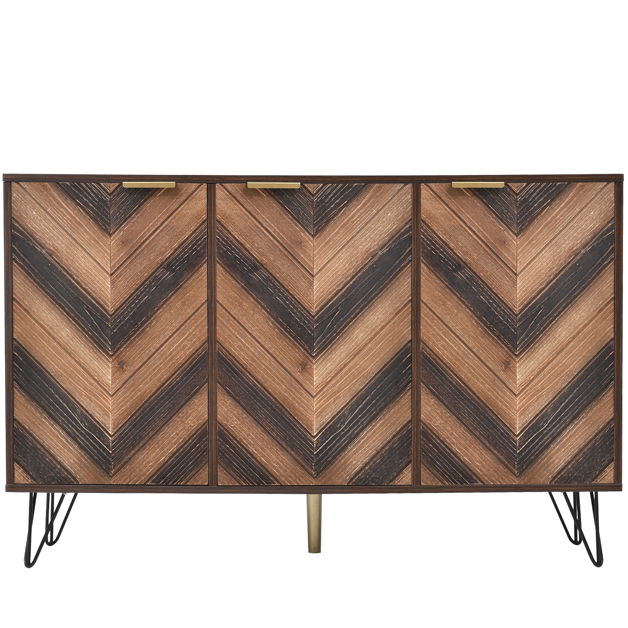 Exklusives Sideboard mit Chevron-Holzdesign und goldenen Details