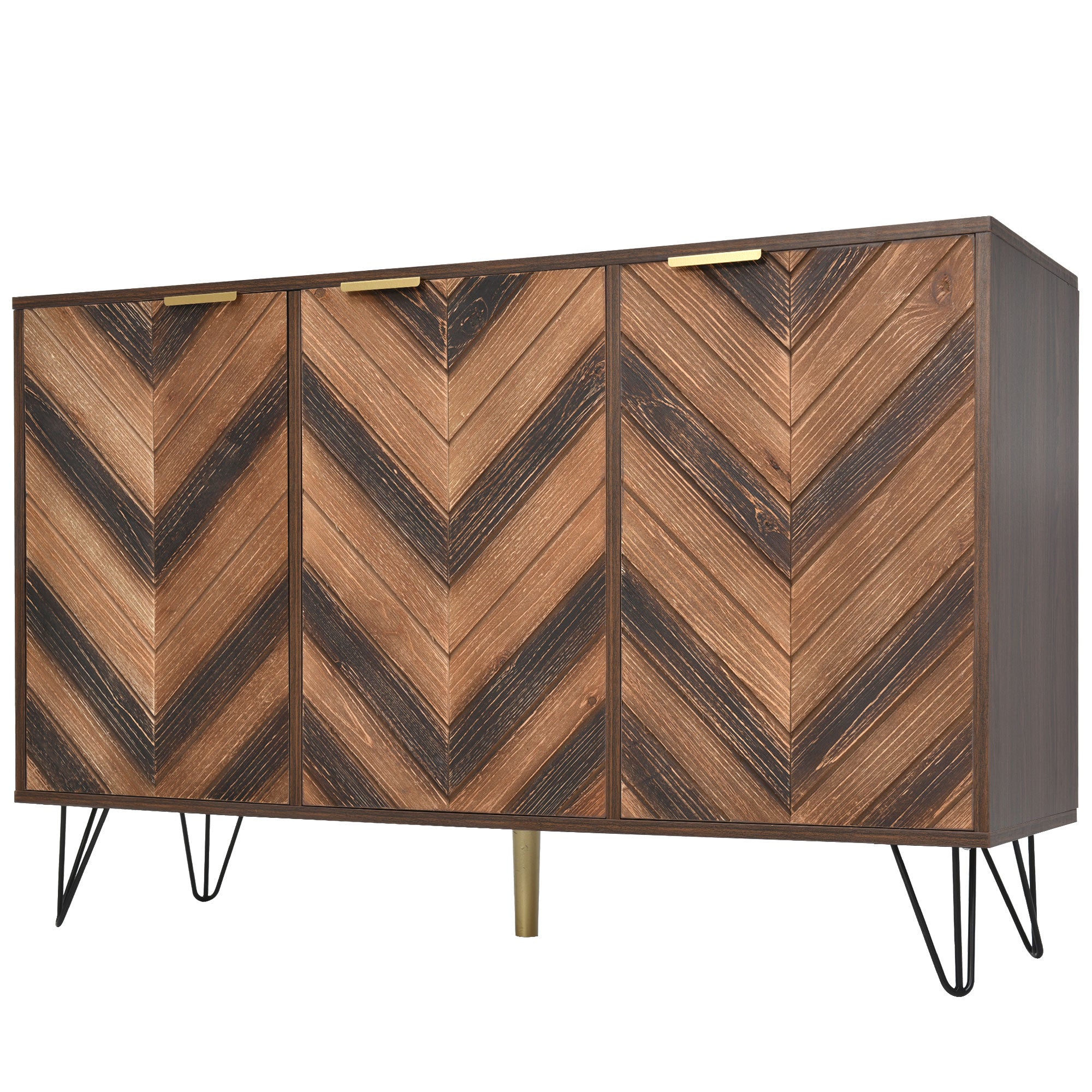 Exklusives Sideboard mit Chevron-Holzdesign und goldenen Details
