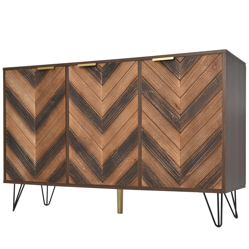 Exklusives Sideboard mit Chevron-Holzdesign und goldenen Details