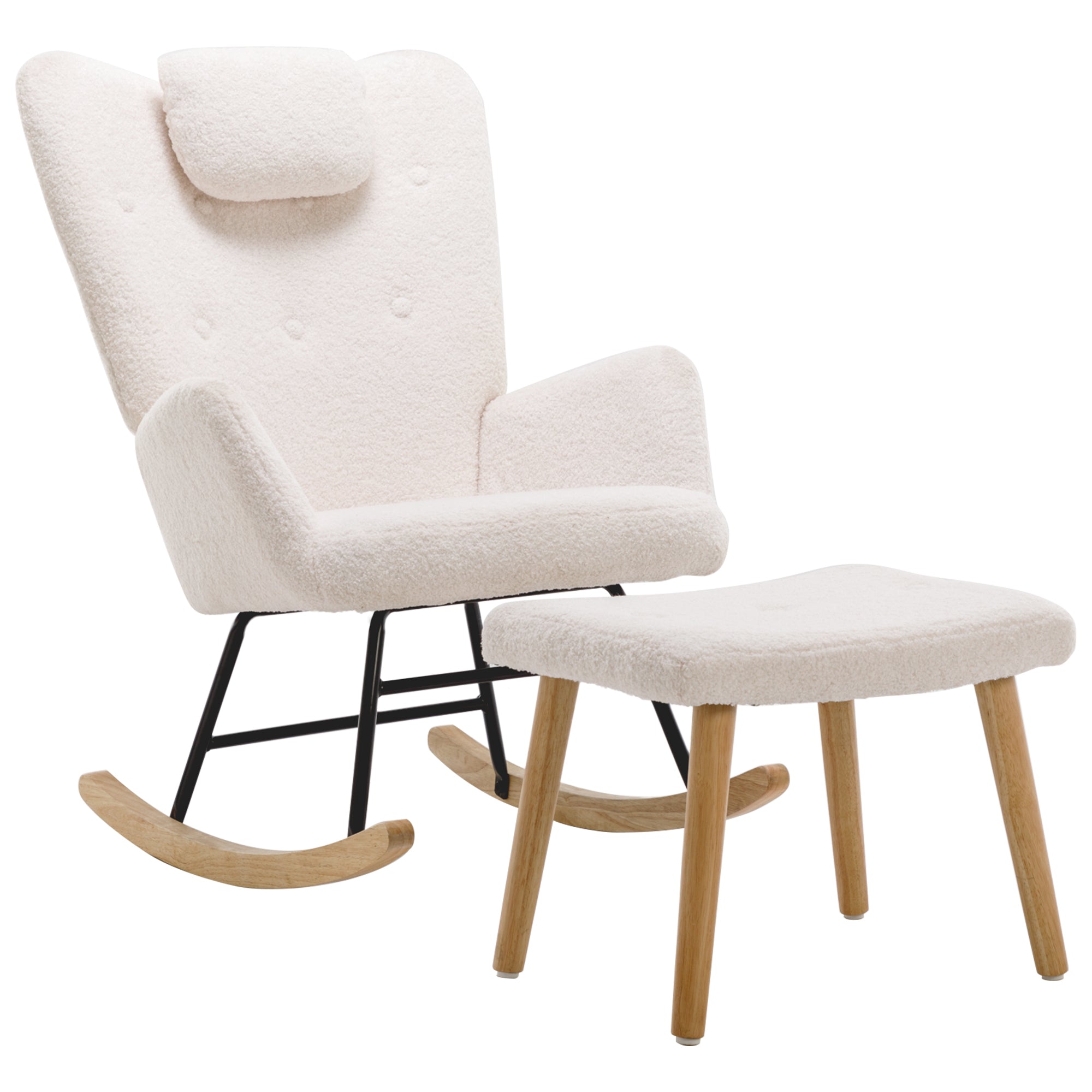 Weißer Teddyplüsch-Schaukelstuhl mit Hocker – Komfortabler Relaxsessel im modernen Stil