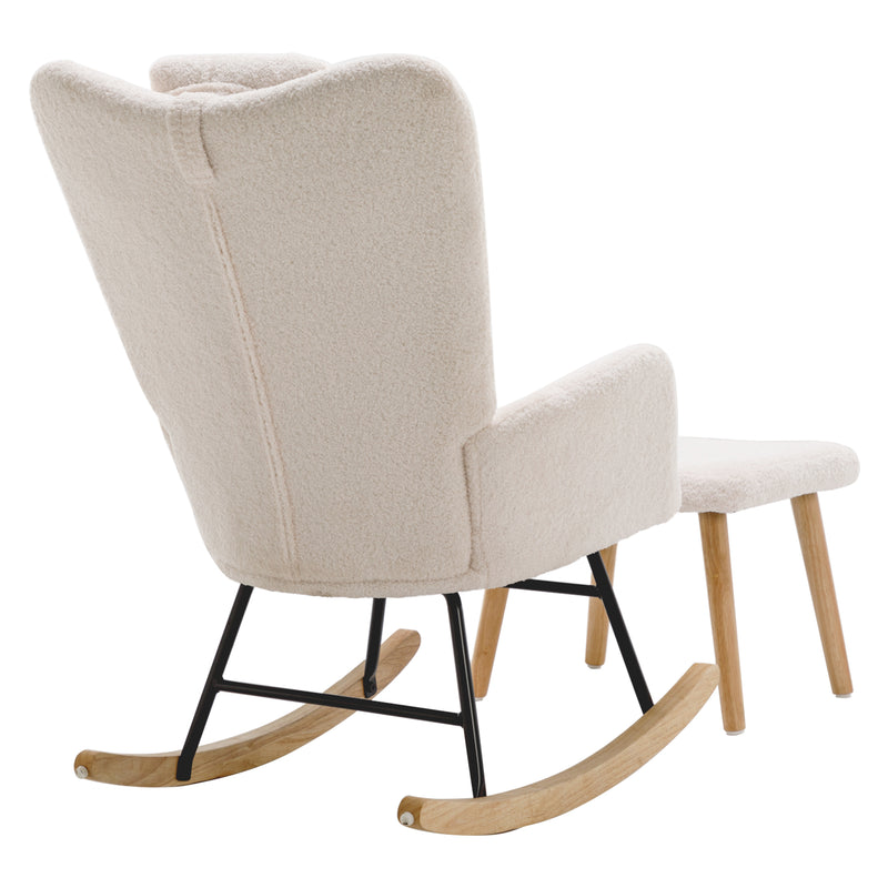 Weißer Teddyplüsch-Schaukelstuhl mit Hocker – Komfortabler Relaxsessel im modernen Stil