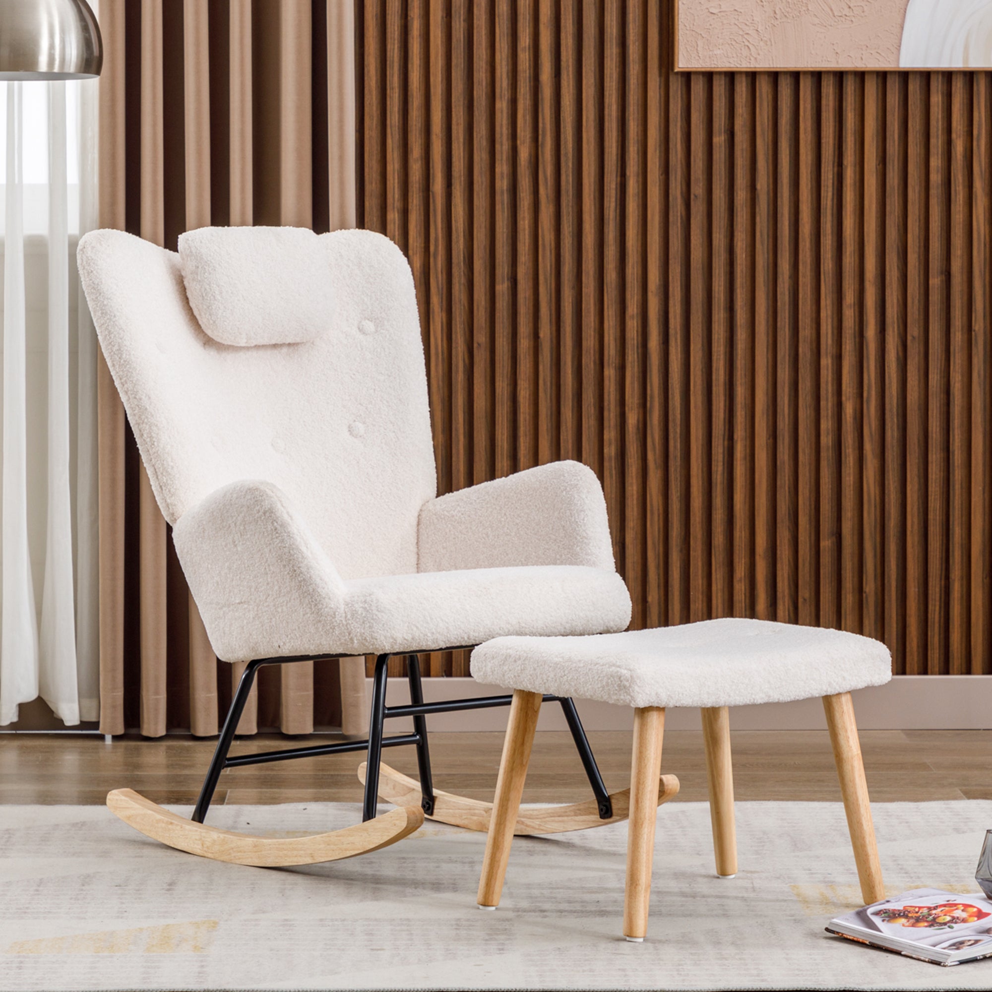 Weißer Teddyplüsch-Schaukelstuhl mit Hocker – Komfortabler Relaxsessel im modernen Stil