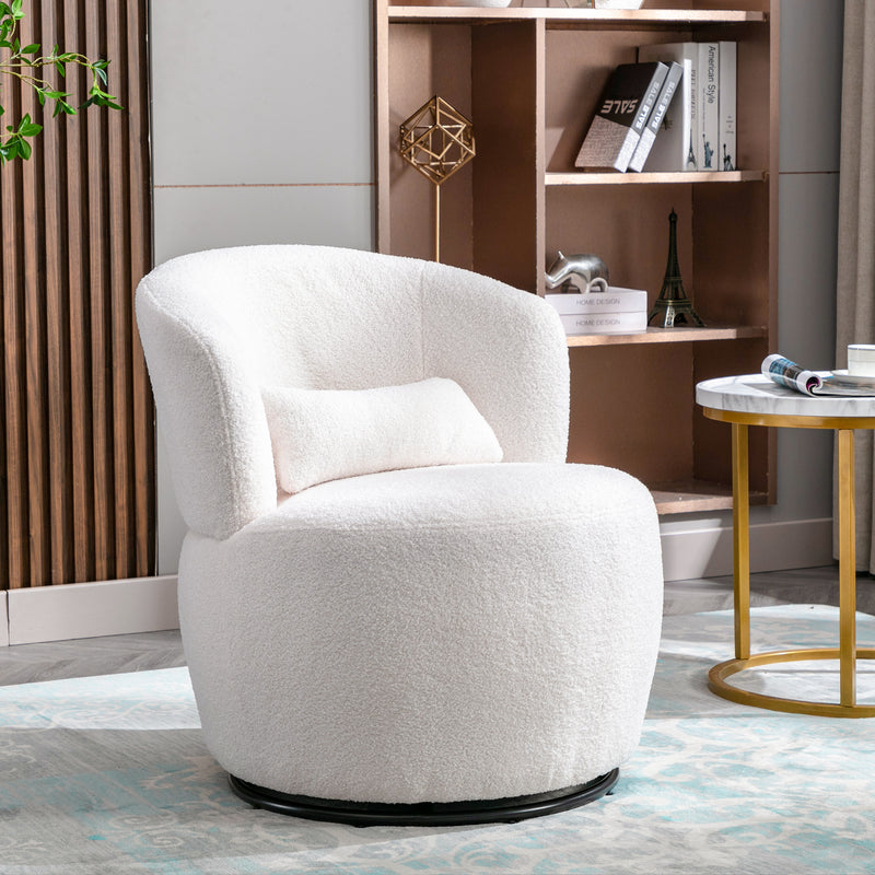 Weißer Teddy Plüsch-Drehsessel mit Lendenkissen – gemütlicher Lounge-Sessel mit 360° Drehfunktion