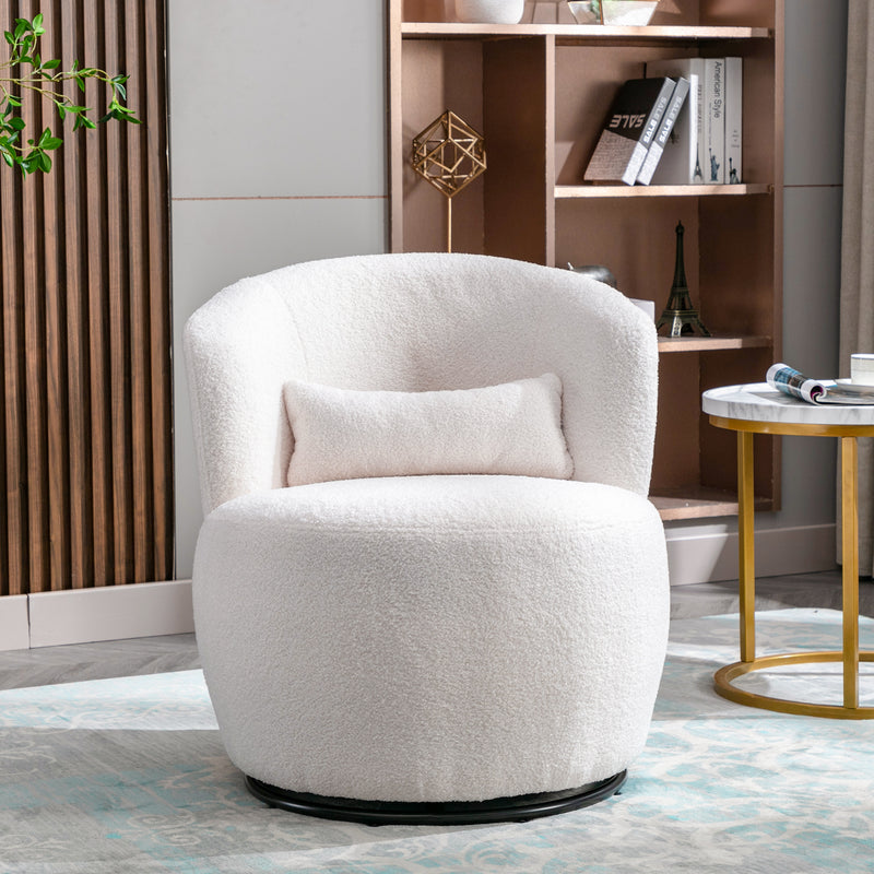 Weißer Teddy Plüsch-Drehsessel mit Lendenkissen – gemütlicher Lounge-Sessel mit 360° Drehfunktion