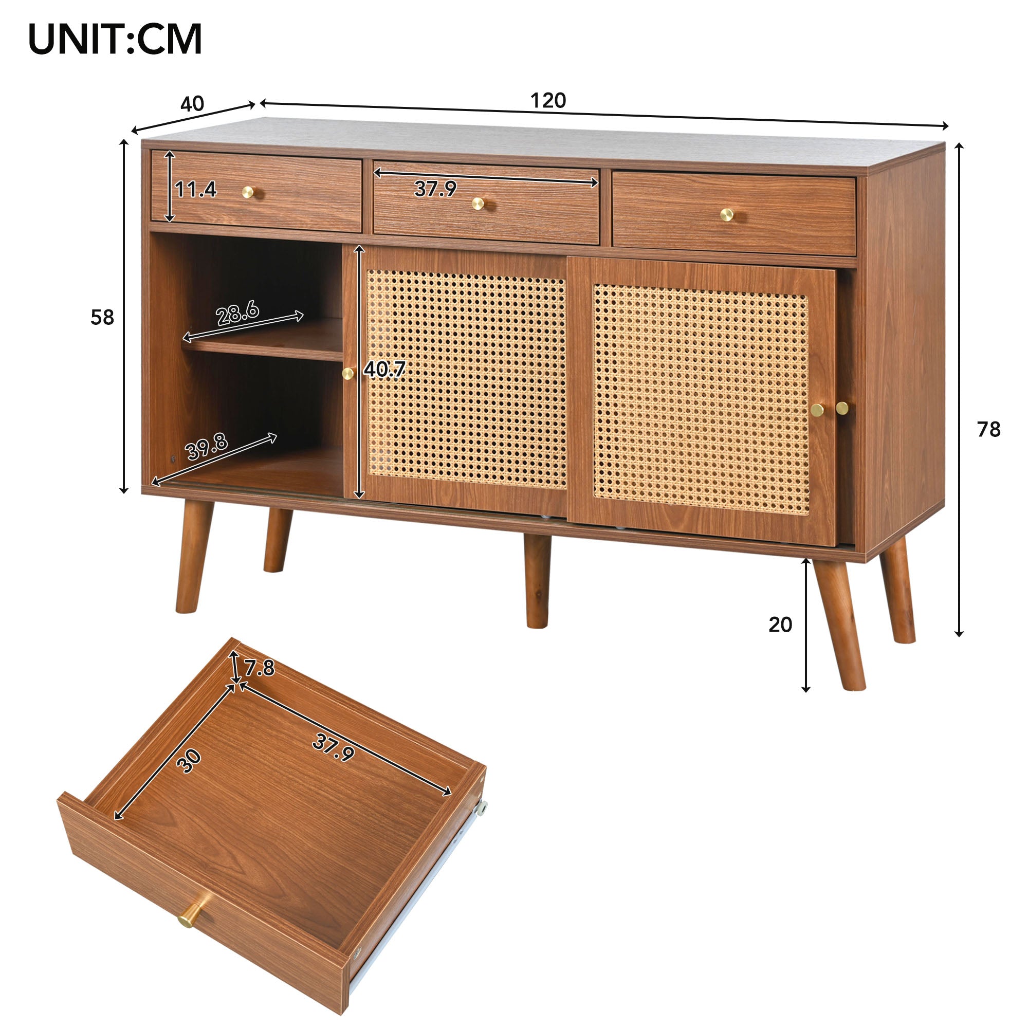 Retro Walnut Rattan Sideboard Cabinet
